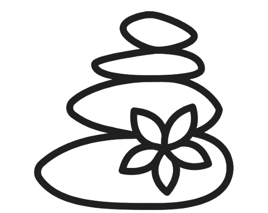 Outline drawing of stacked stones with a flower at the base