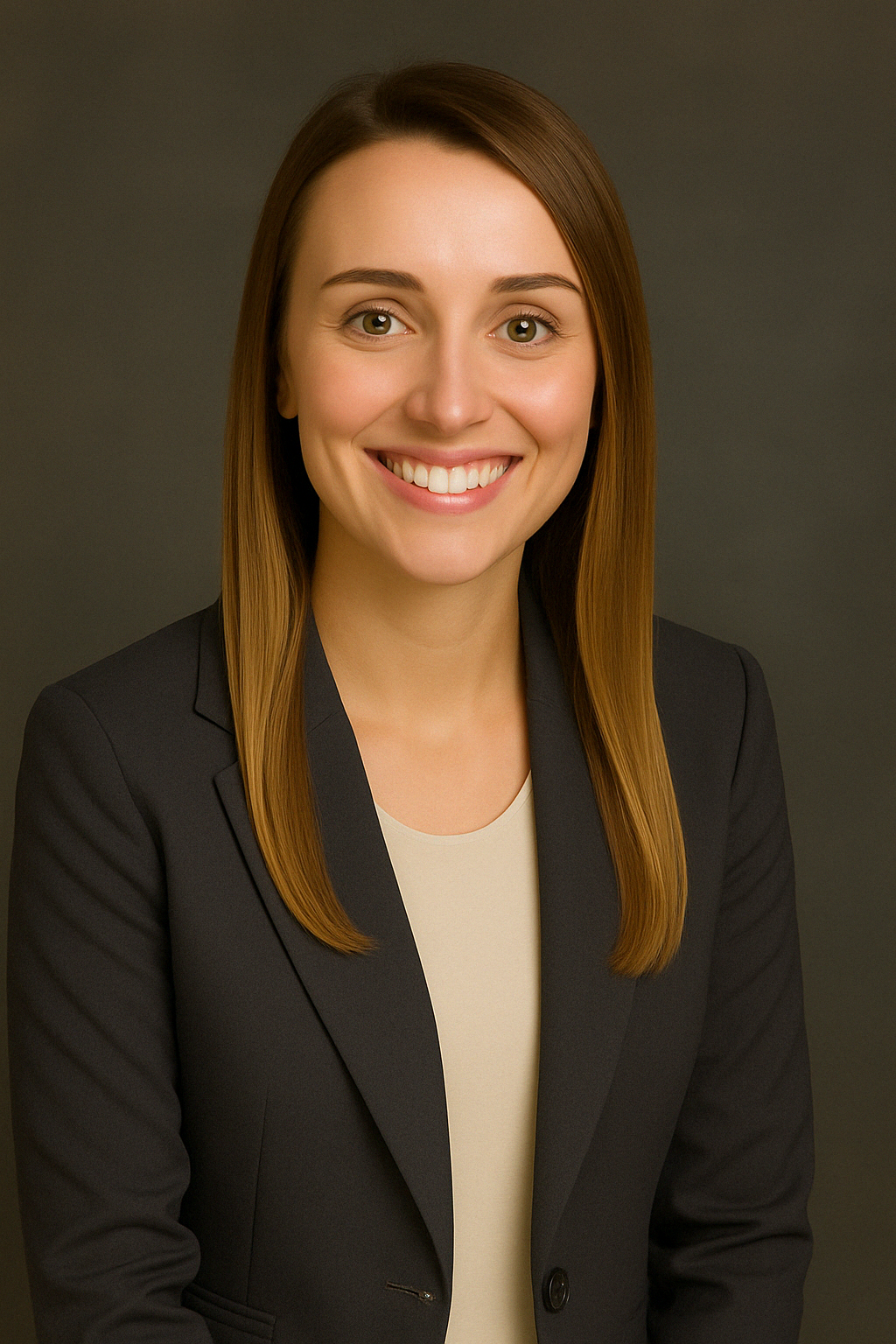 A woman with long brown hair wearing a black blazer and cream-colored top, smiling against a gray background.