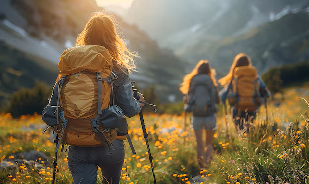 Three women hiking in a mountainous field with wildflowers during sunset.
