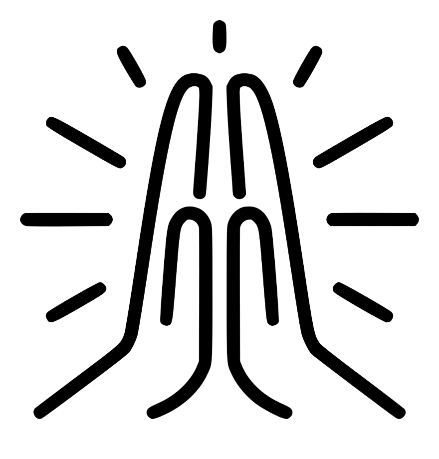 Outline of two hands pressed together in prayer or greeting, with radiating lines indicating emphasis or reverence.