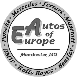 Logo for Autos of Europe featuring the names of luxury car brands such as Porsche, Mercedes, Ferrari, Maserati, BMW, Rolls Royce, and Bentley, with location 'Manchester, MO'.
