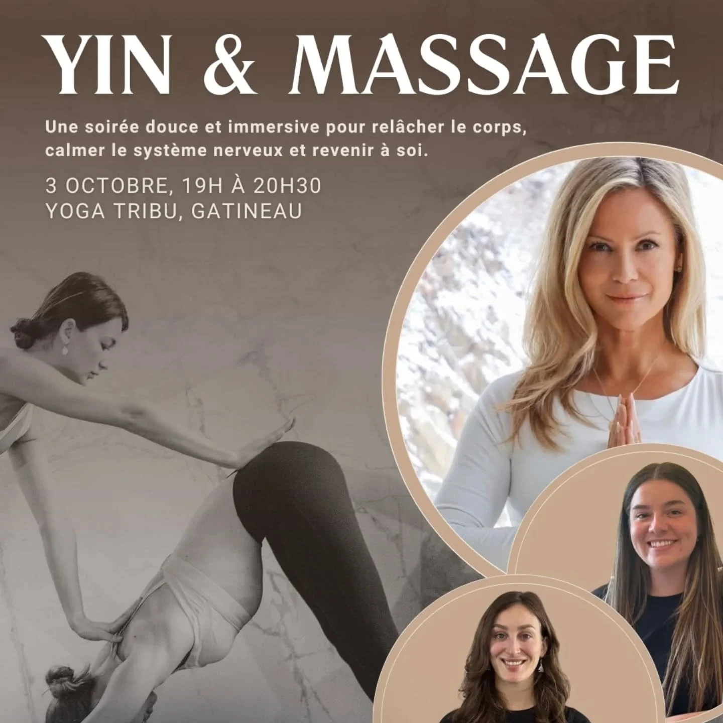 ✨ Yin &amp; Massage &ndash; Une soir&eacute;e douce et immersive ✨

Offrez-vous un moment pour rel&acirc;cher les tensions, calmer le syst&egrave;me nerveux et revenir &agrave; vous-m&ecirc;me dans l&rsquo;atmosph&egrave;re enveloppante d&rsquo;une s