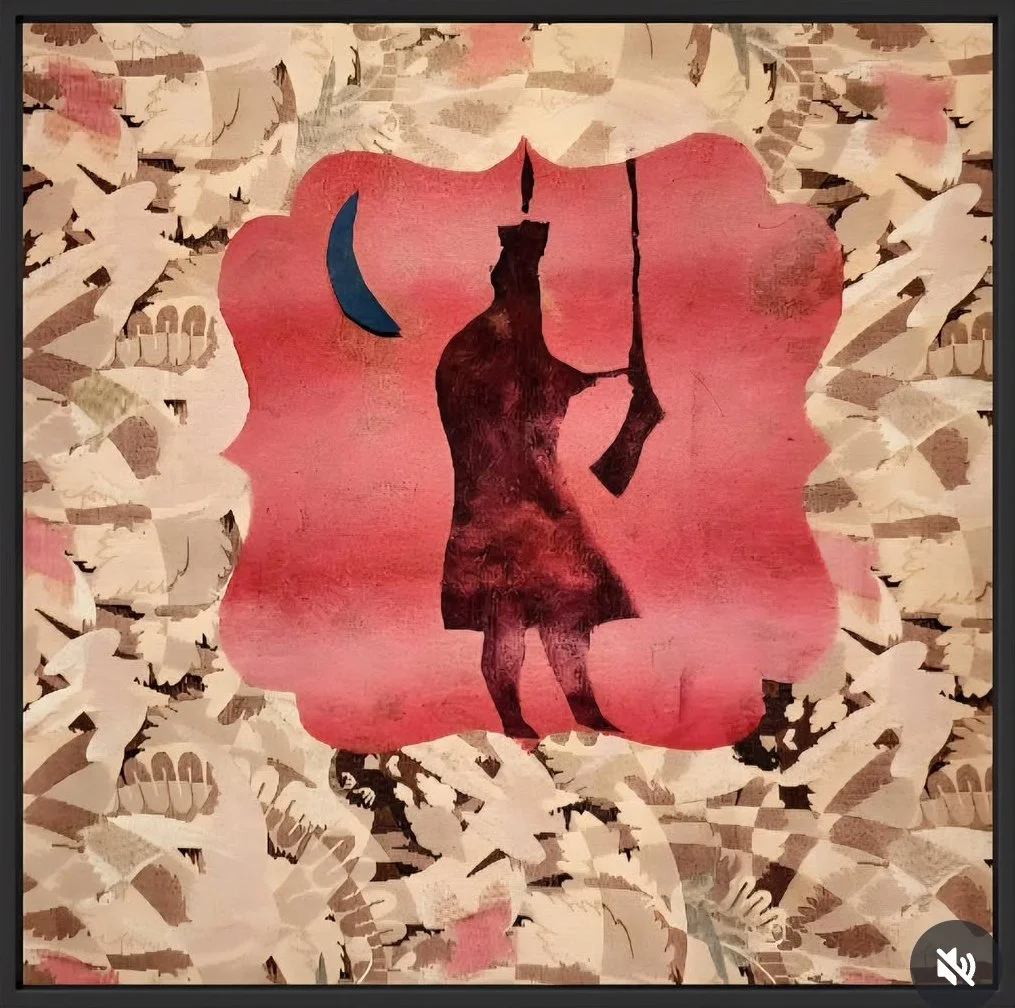 Kevin Paulsen, Mercenary in the Orchard, 2026, (Mercenary series), Spray paint on paper atop antique wallpaper
