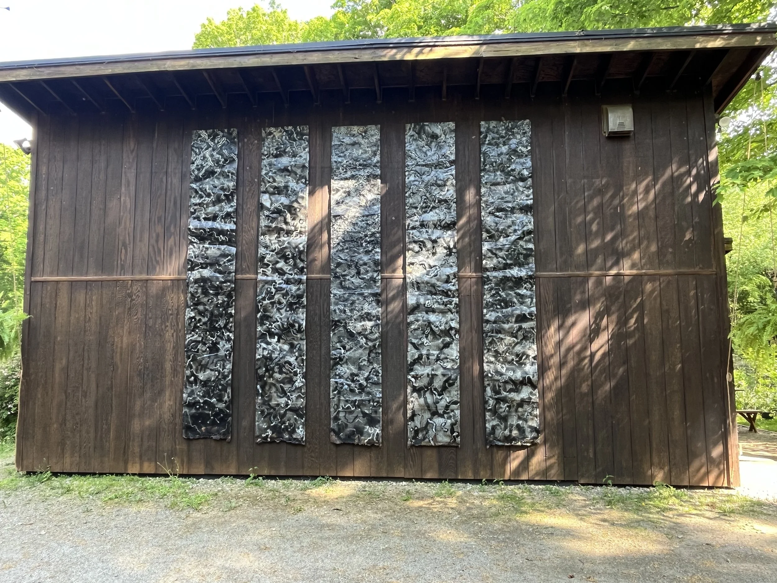 Marieken Cochius, The Stuff Of Dreams, 2026, blowtorch drawing on reclaimed 
galvanized roofing metal, 156" x 168" x 4"