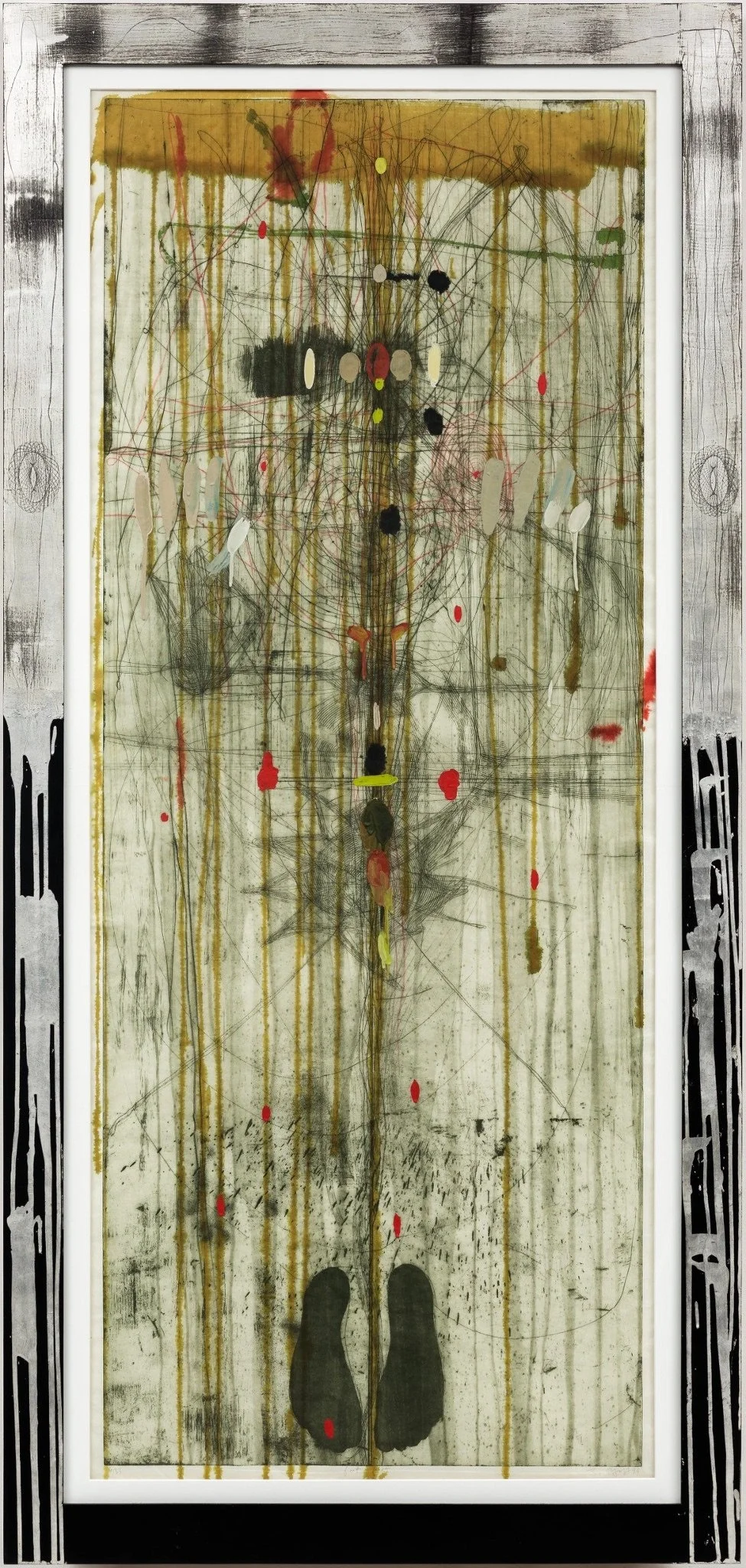 Judy Pfaff, Feet First, 1998, etching 
 Encaustic on Crown Kozo paper, 77” x 36 ½” x 2”