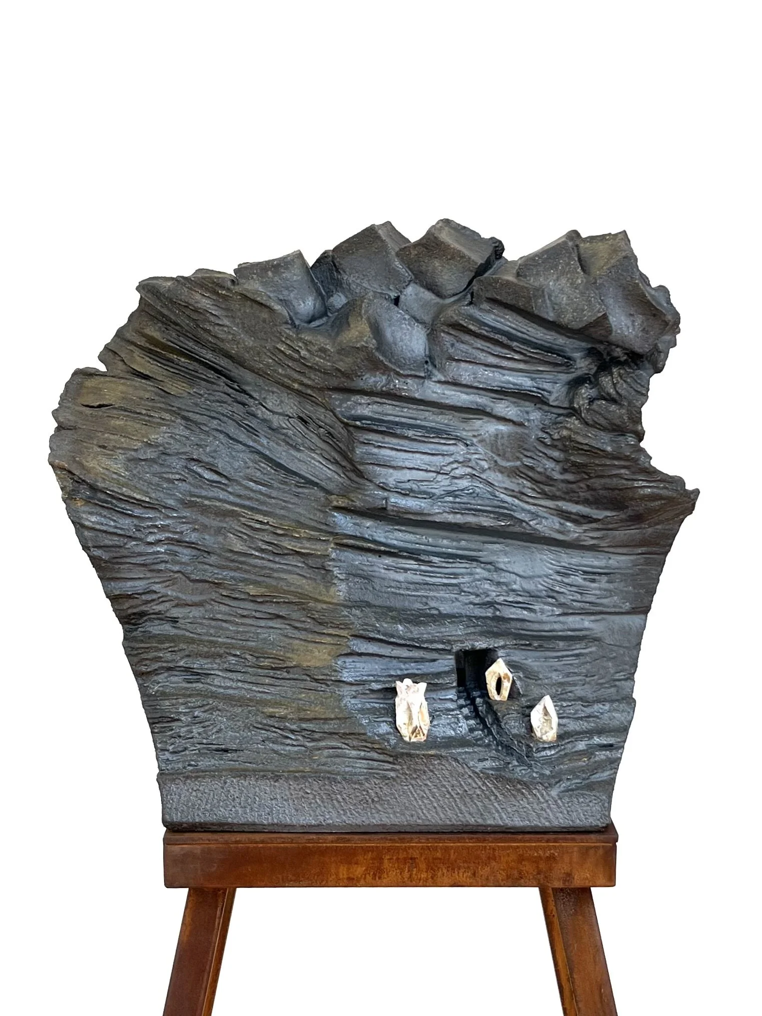 Tony Moore, Beyond, 2025 , wood-fired ceramic, porcelain, black iron oxide, steel, 57 ½” x 29” x 29” 