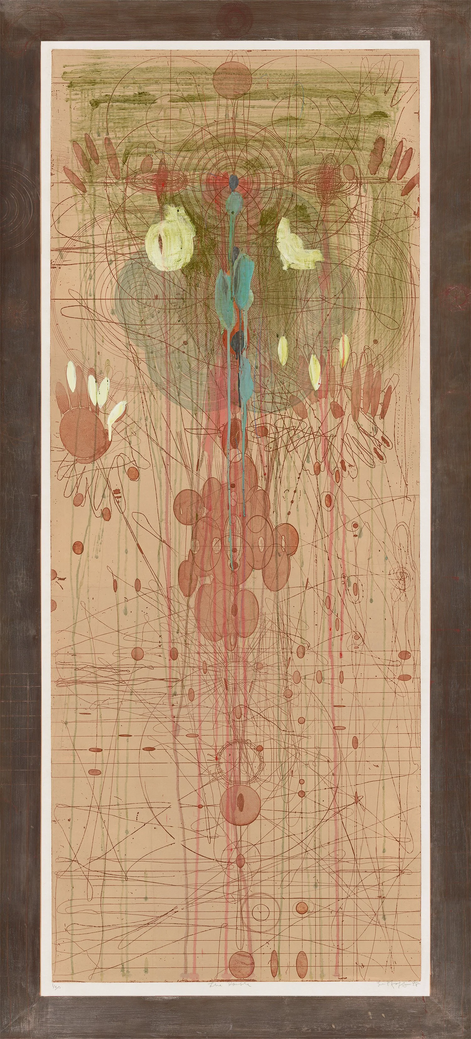 Judy Pfaff, The Double, 1998 
 Etching, surface roll, encaustic, hand dye on Crown Kozo paper, 71 ¾” x 31 ¾” x 2”