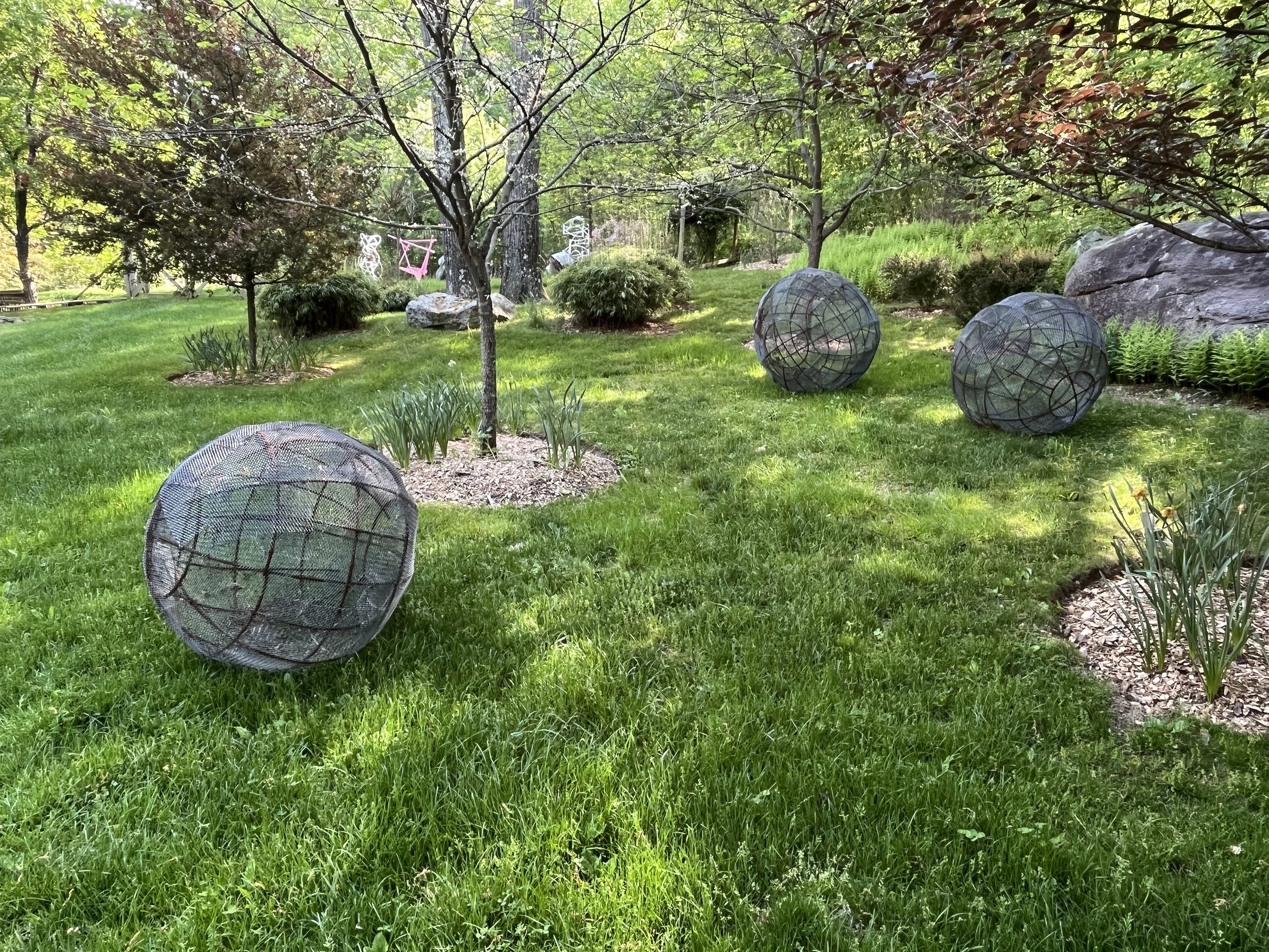 Grace Knowlton, Wire & Mesh Sphere, 34" (left),  Wire & Mesh Sphere, 46" (center), Wire & Mesh Sphere, 40" (right)