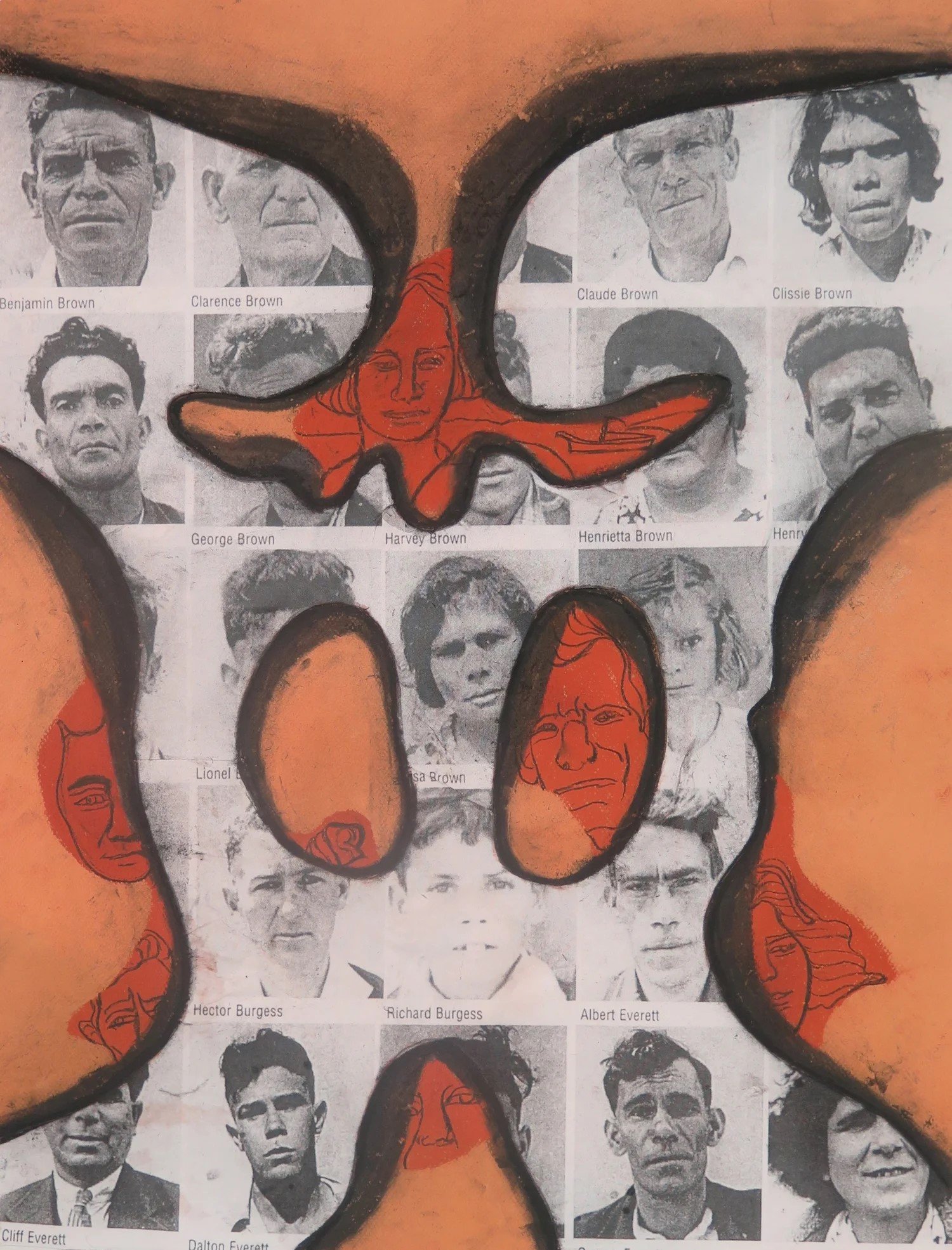 Garry Nichols, Tasmanian Families 6, canson colored paper, charcoal, collage, gesso, 25” x 19.5"