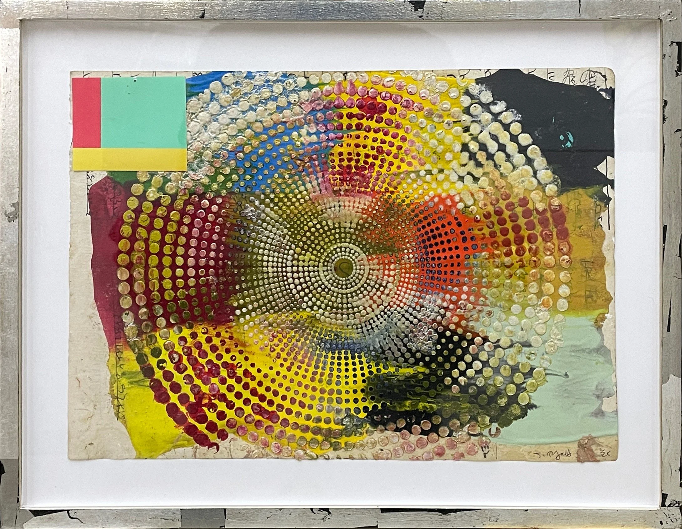 Judy Pfaff, Untitled, 2025, encaustic and oil stick on vintage paper in silver leaf frame, 12.5” x 16.5”