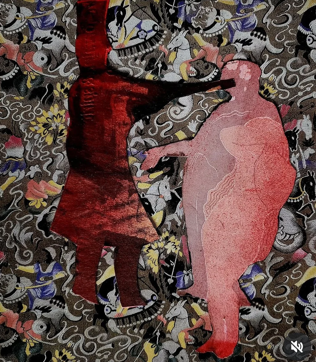 Kevin Paulsen, Murder by Mercenary, 2026, (Mercenary series), Spray paint on paper atop antique wall paper image
