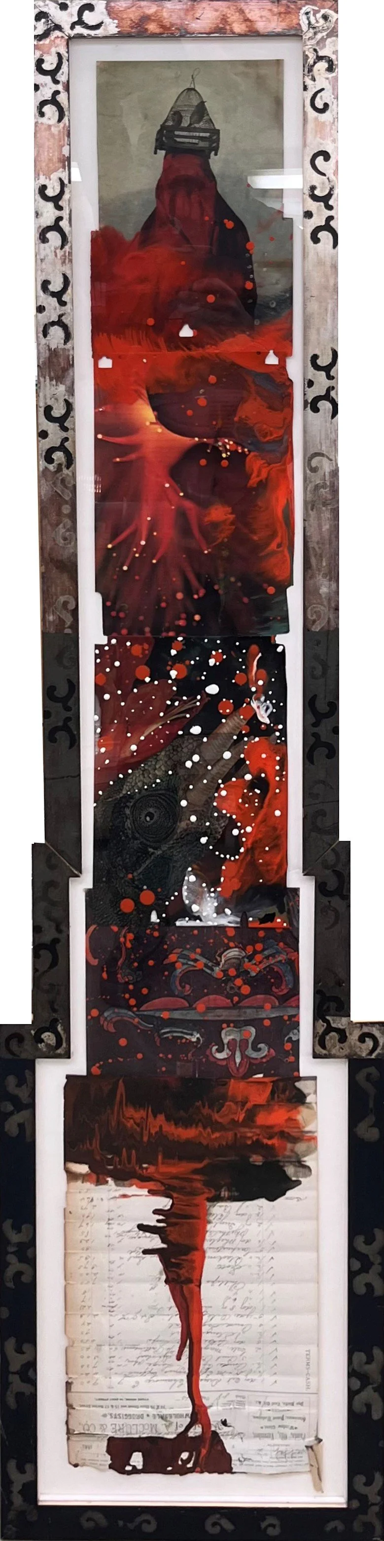Judy Pfaff, Untitled Collage, 2002, National Geographic images, ledger paper, encaustic, stepped frame with silver leaf, 52 ¾” x 12 ¾”