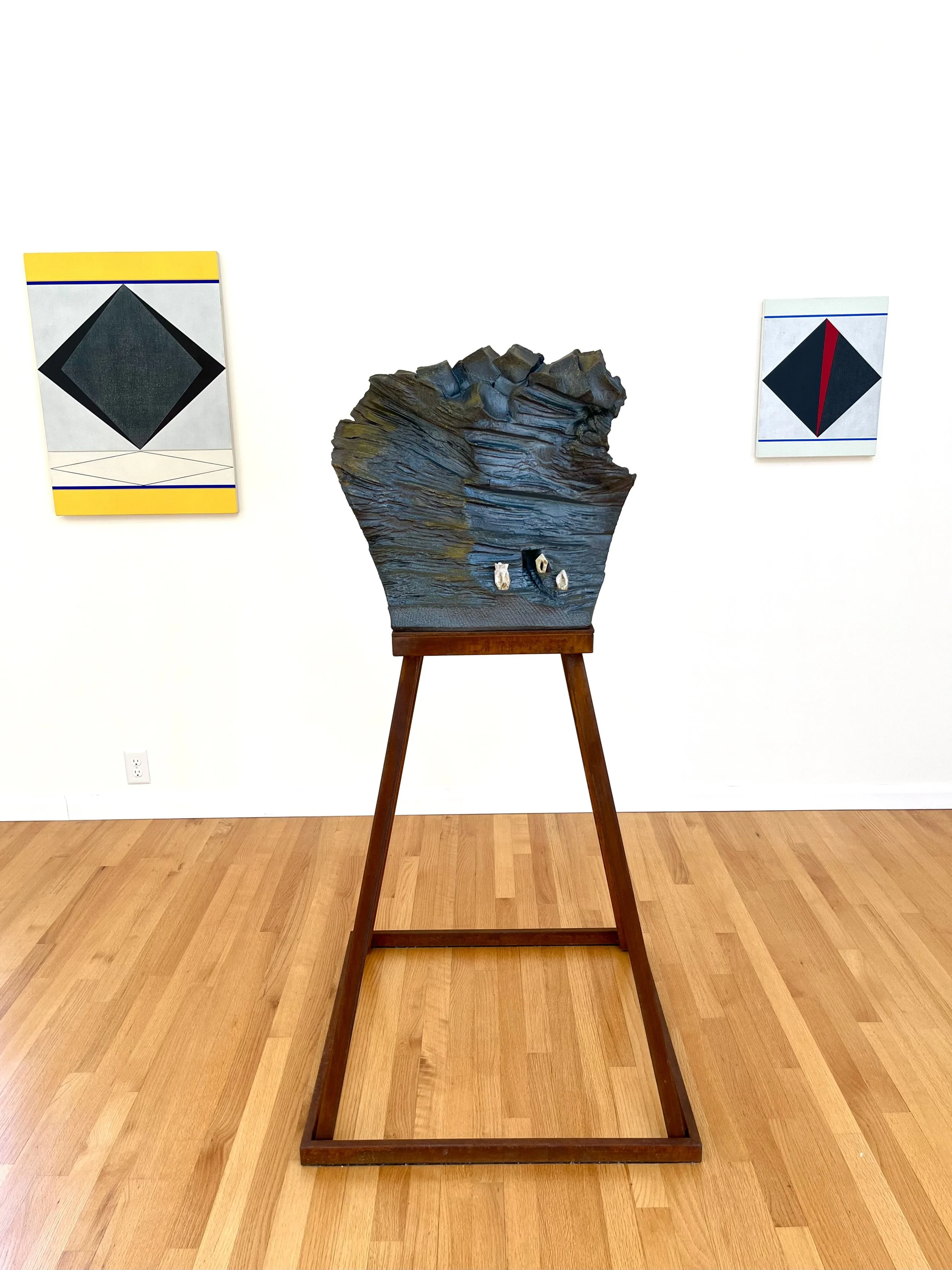 Tony Moore, Beyond, 2025 , wood-fired ceramic, porcelain, black iron oxide, steel, 57 ½” x 29” x 29”