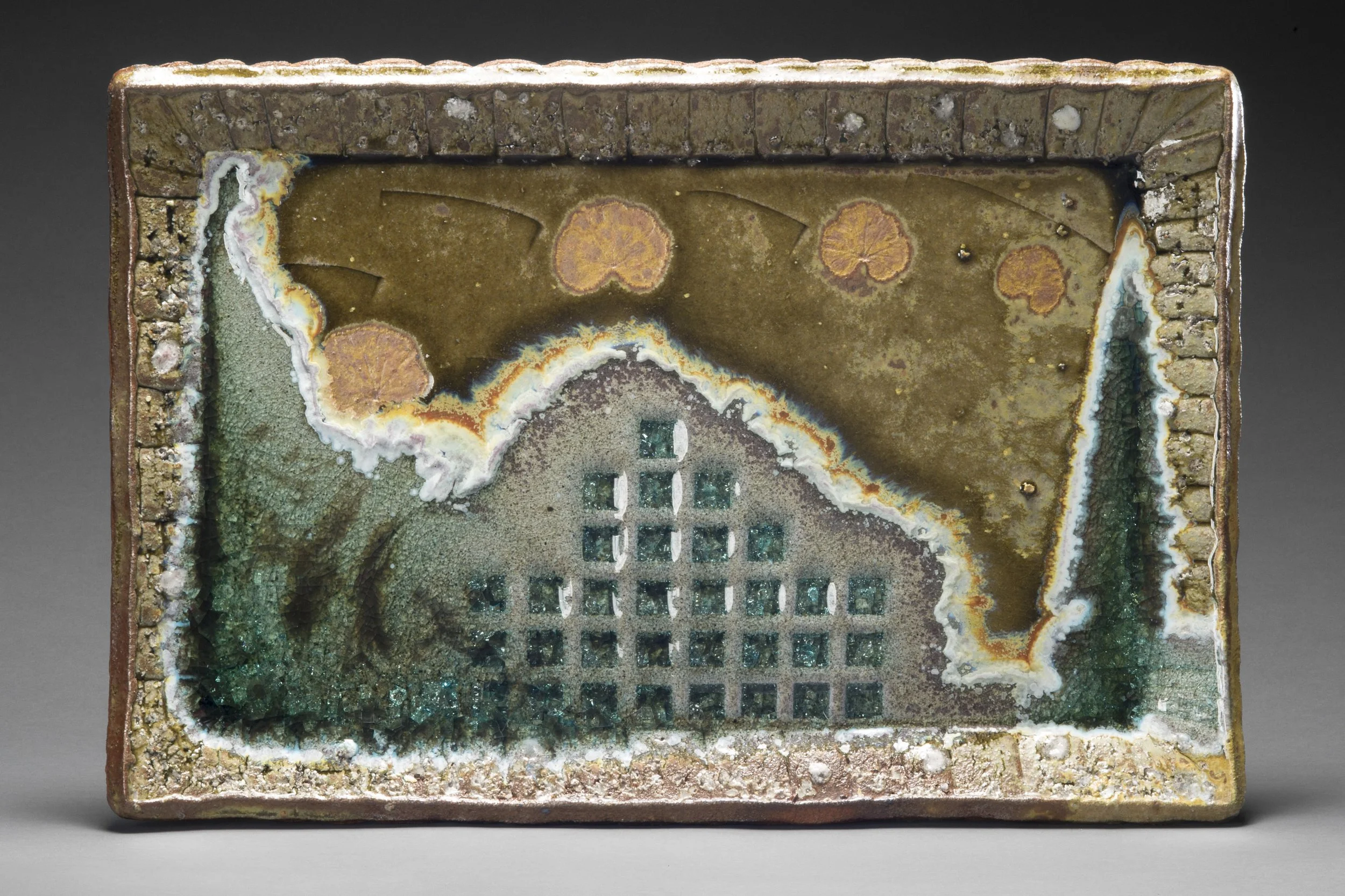 Tony Moore, Fire Painting 1.4.18, 2018, wood-fired ceramic, slip, stone, celadon, glass, 15” x 22 ½” x 2 ½”