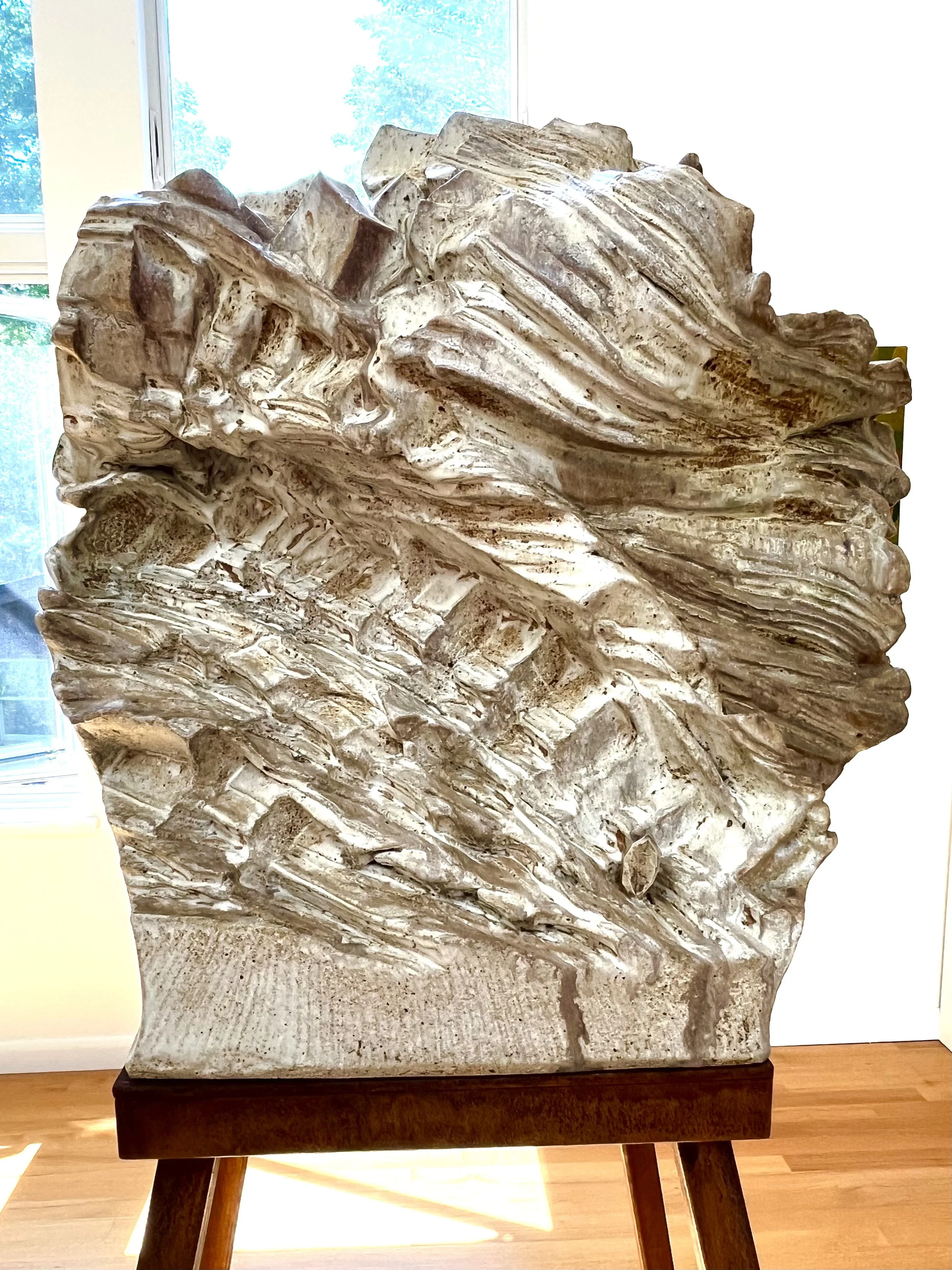 Tony Moore, Past Present Future, 2026, wood-fired ceramic, porcelain, 
mammo glaze, steel, 60 ½” x 29” x 29” 