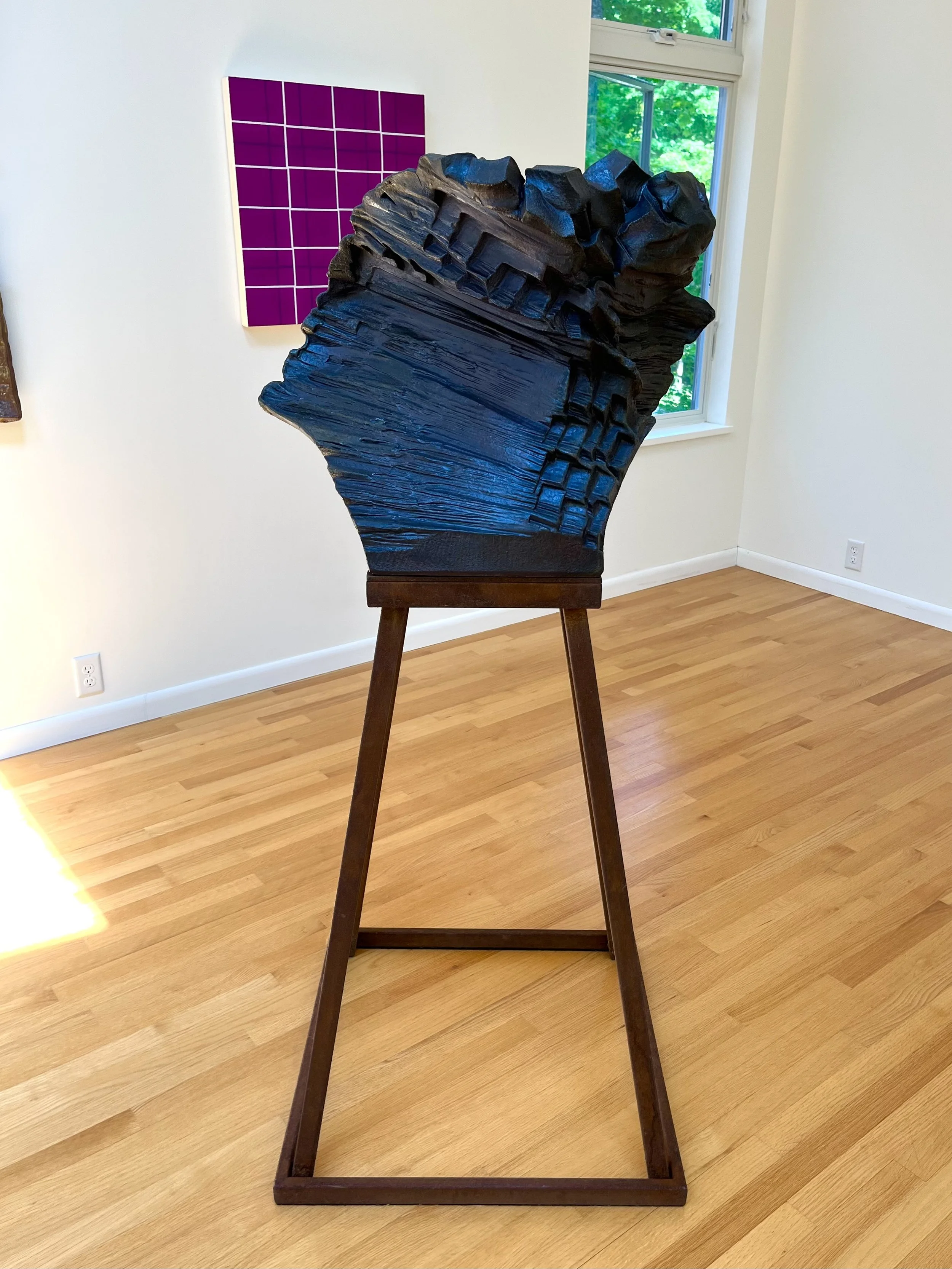 Tony Moore, No Time To Die, 2026, wood-fired ceramic, porcelain, black iron oxide, steel, 56 ¾” x 27 ½” x 25”