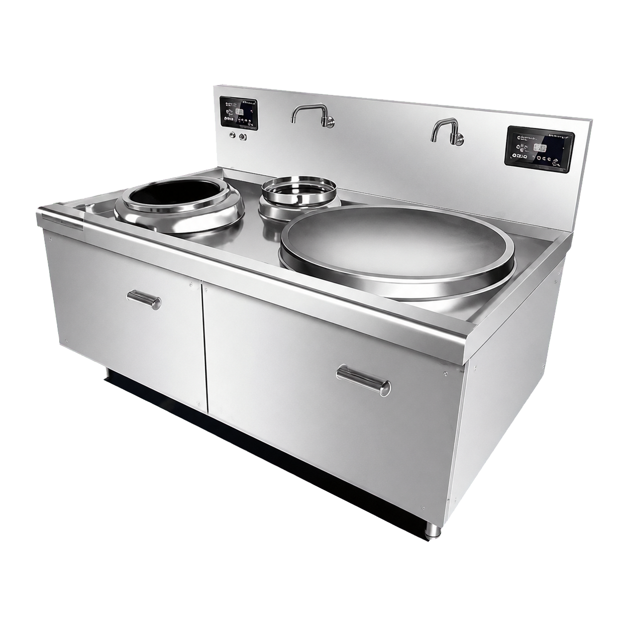 04 — Commercial Cooking Lines — Integrated stainless-steel cooking stations configured for professional kitchen workflows.