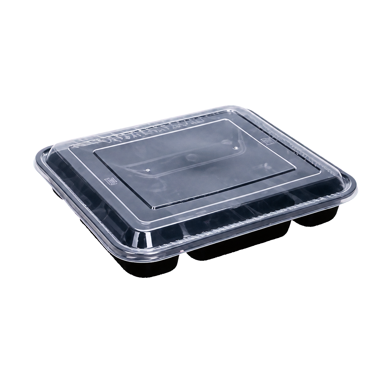 03 — Black Meal Trays with Clear Lids — Practical presentation trays with compartment options and secure transparent lids.
