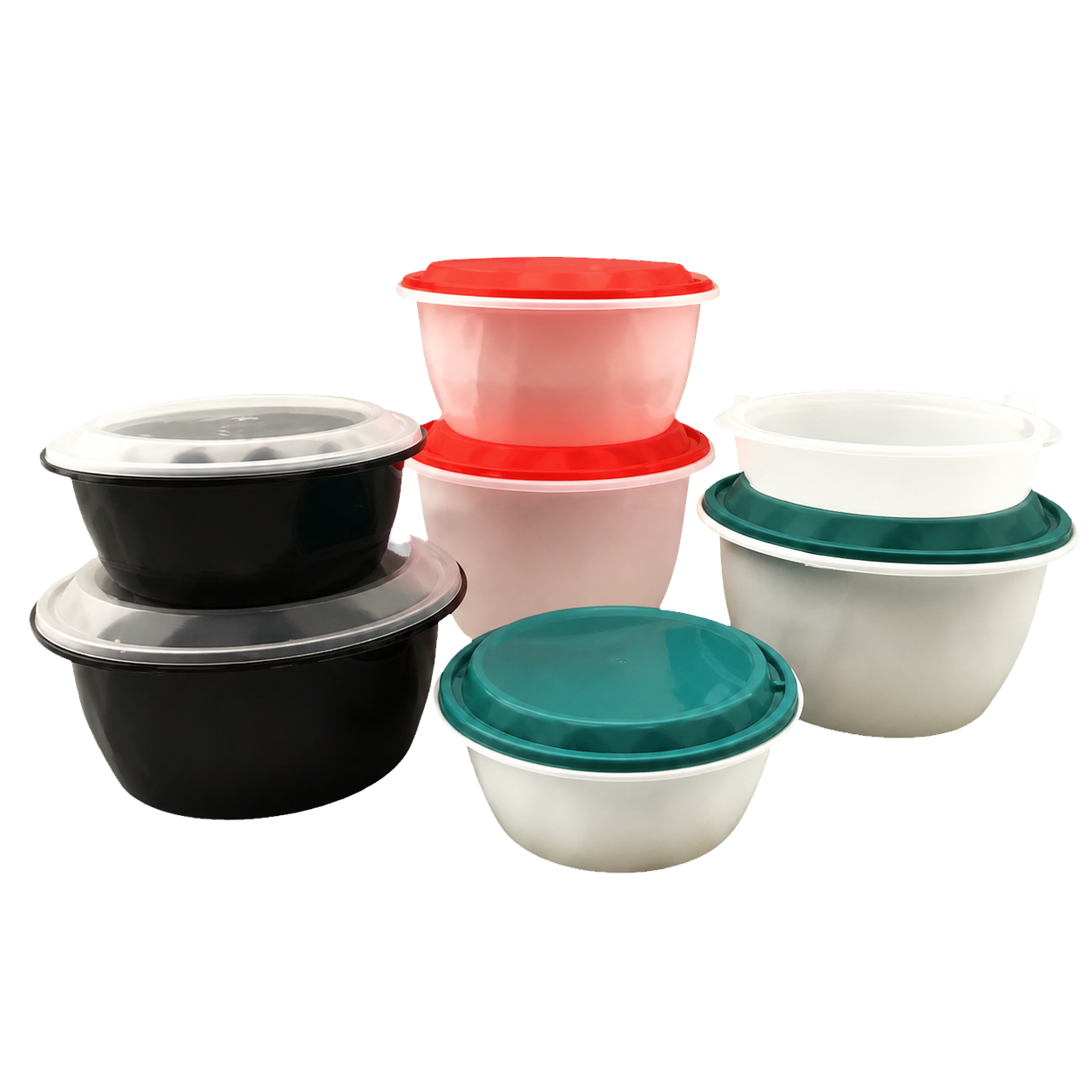 07 — Coloured Takeaway Bowls — Round food bowls with coordinated lid colours for branding and product differentiation.