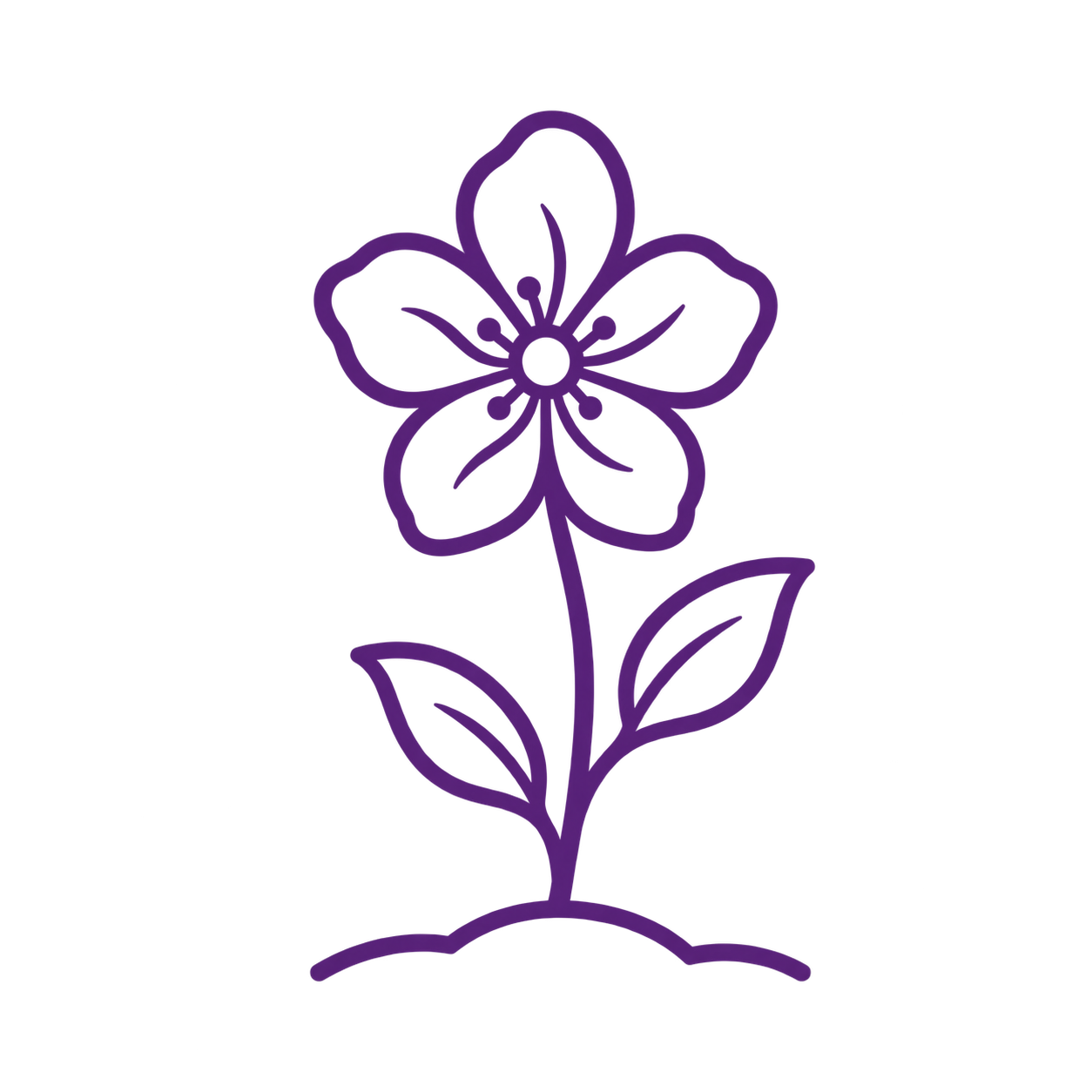 Outline of a purple flower with five petals and two leaves on a stem, drawn in a minimalist style.