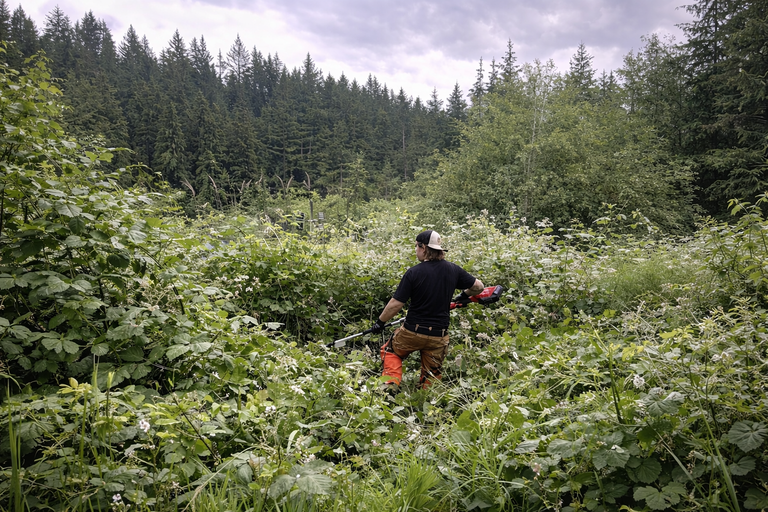 Thornguard worker cutting dense Himalayan blackberry with a brush cutter on a forested Lower Mainland property