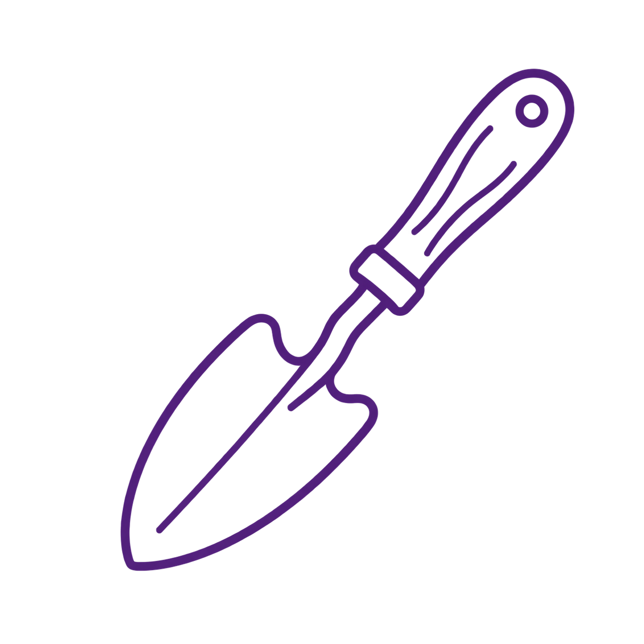 Outline of a trowel with a wooden handle and metal blade, depicted in purple lines.