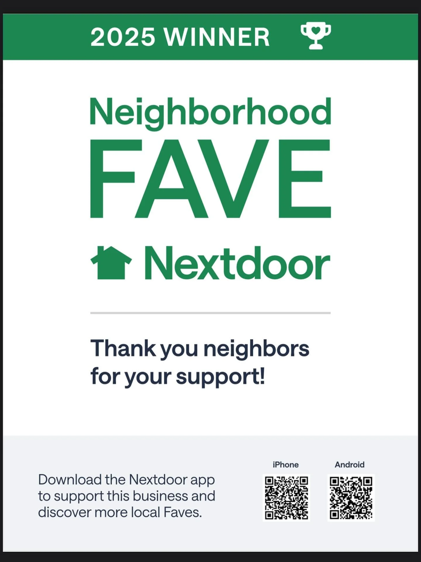 We&rsquo;re a 2025 Nextdoor Neighborhood
Faves winner! Thank you to our
amazing neighbors for your support
and votes. Visit our Nextdoor Business
Page to see what&rsquo;s new and share
what you love most about our
business. #neighborhoodfaves