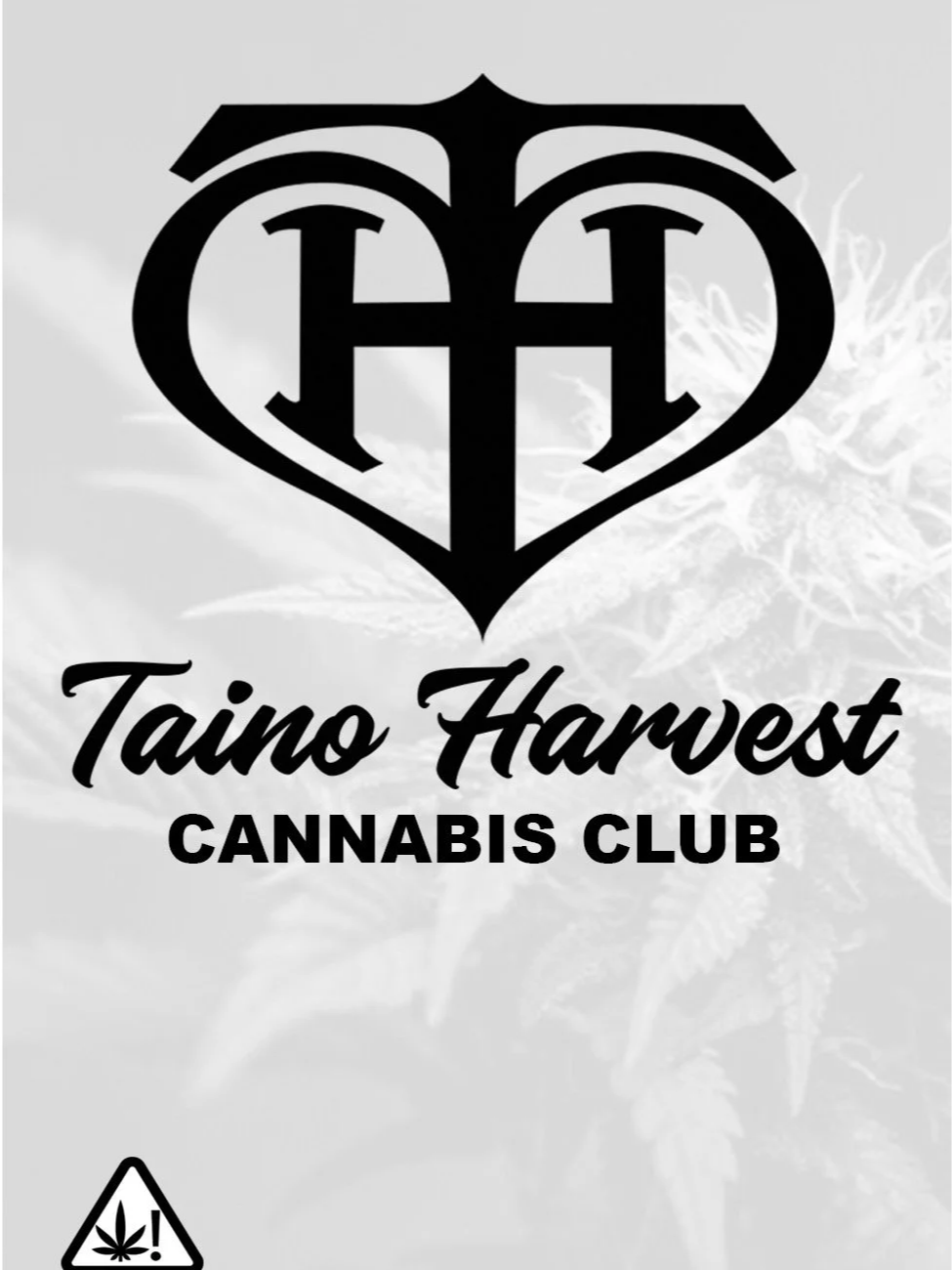 Logo for Taino Harvest Cannabis Club featuring a stylized cannabis leaf design in black and white with a warning symbol in the bottom left corner.