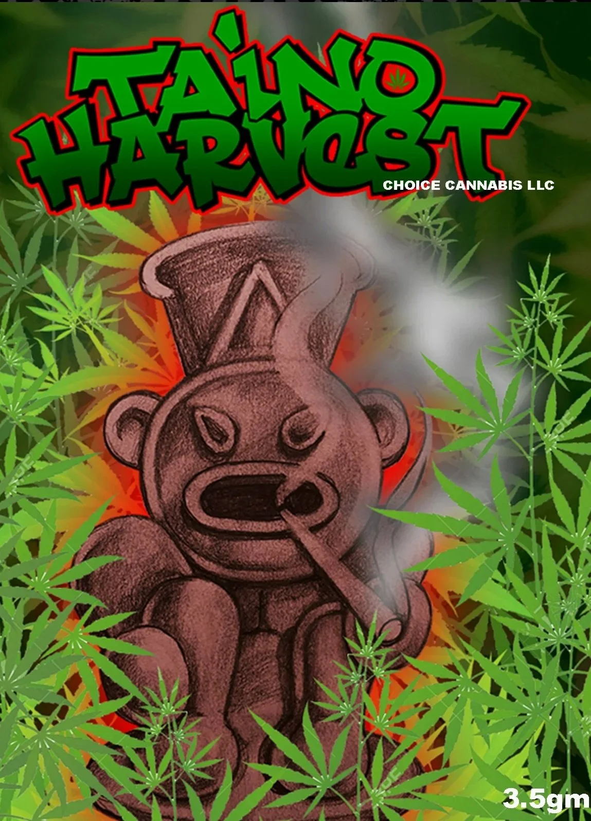 A cartoon bear with a cigar in its mouth, surrounded by marijuana leaves, with smoke rising, and the words "Hail No Harvist" in bold green and red letters on top.