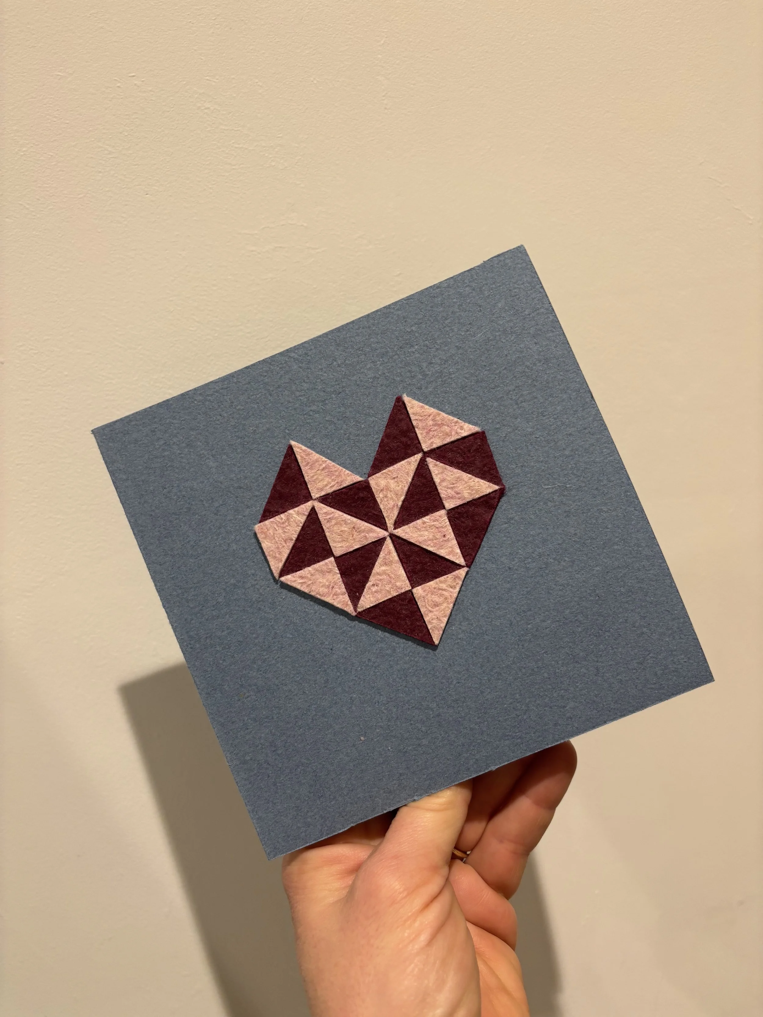 denim valentines patchwork heart card merlot & rose- LARGE