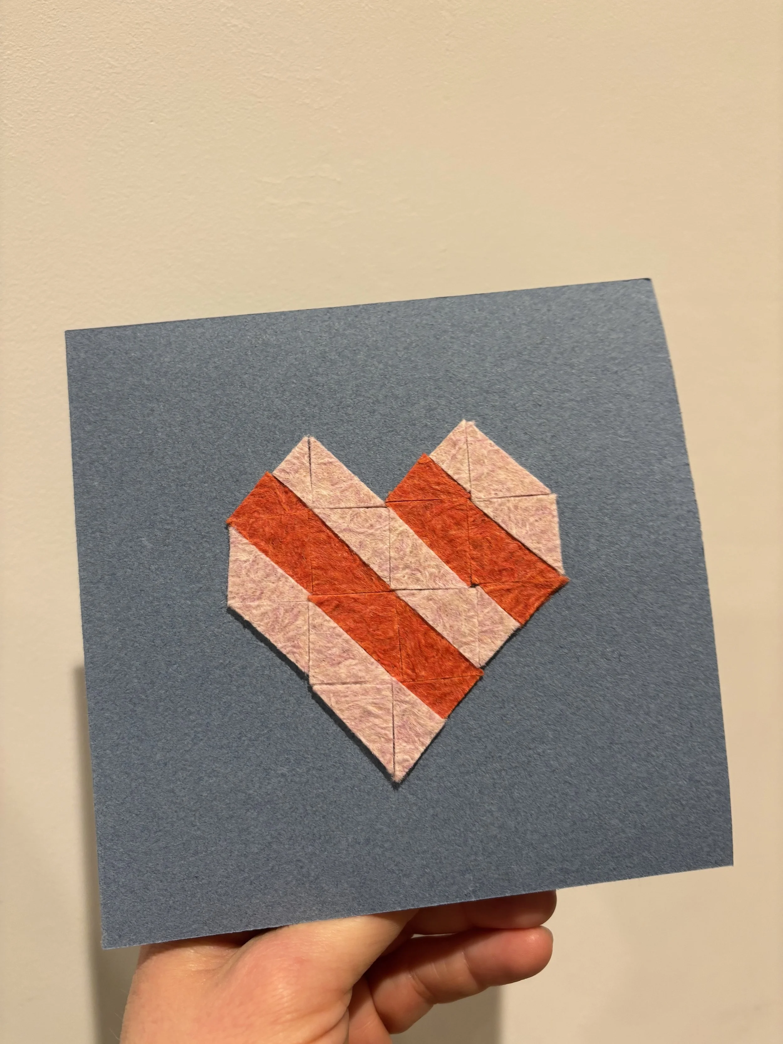 denim valentines patchwork heart card rose & red stripe - LARGE