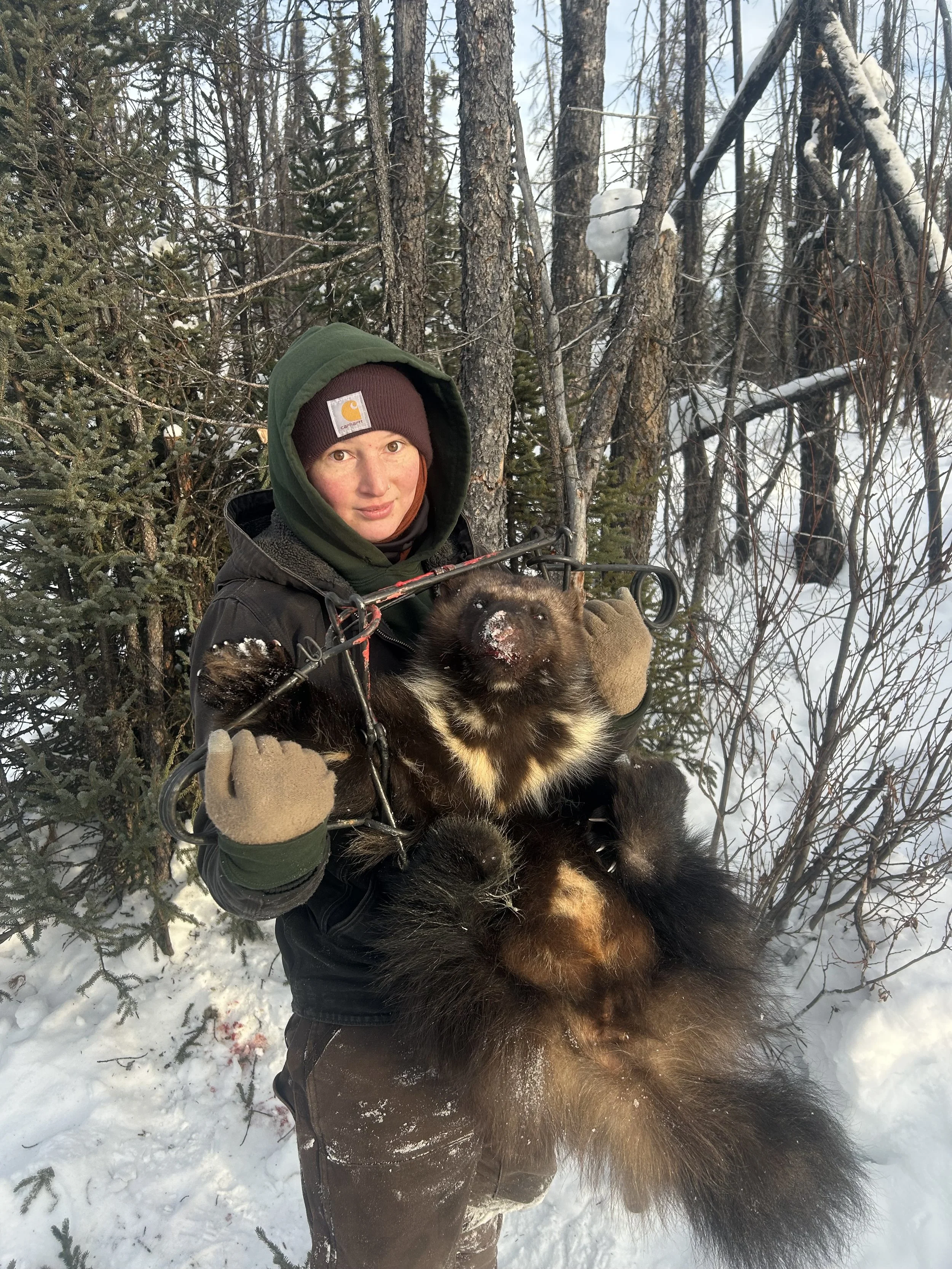 Person in winter clothing holding a large dark-furred animal in a snowy forest.