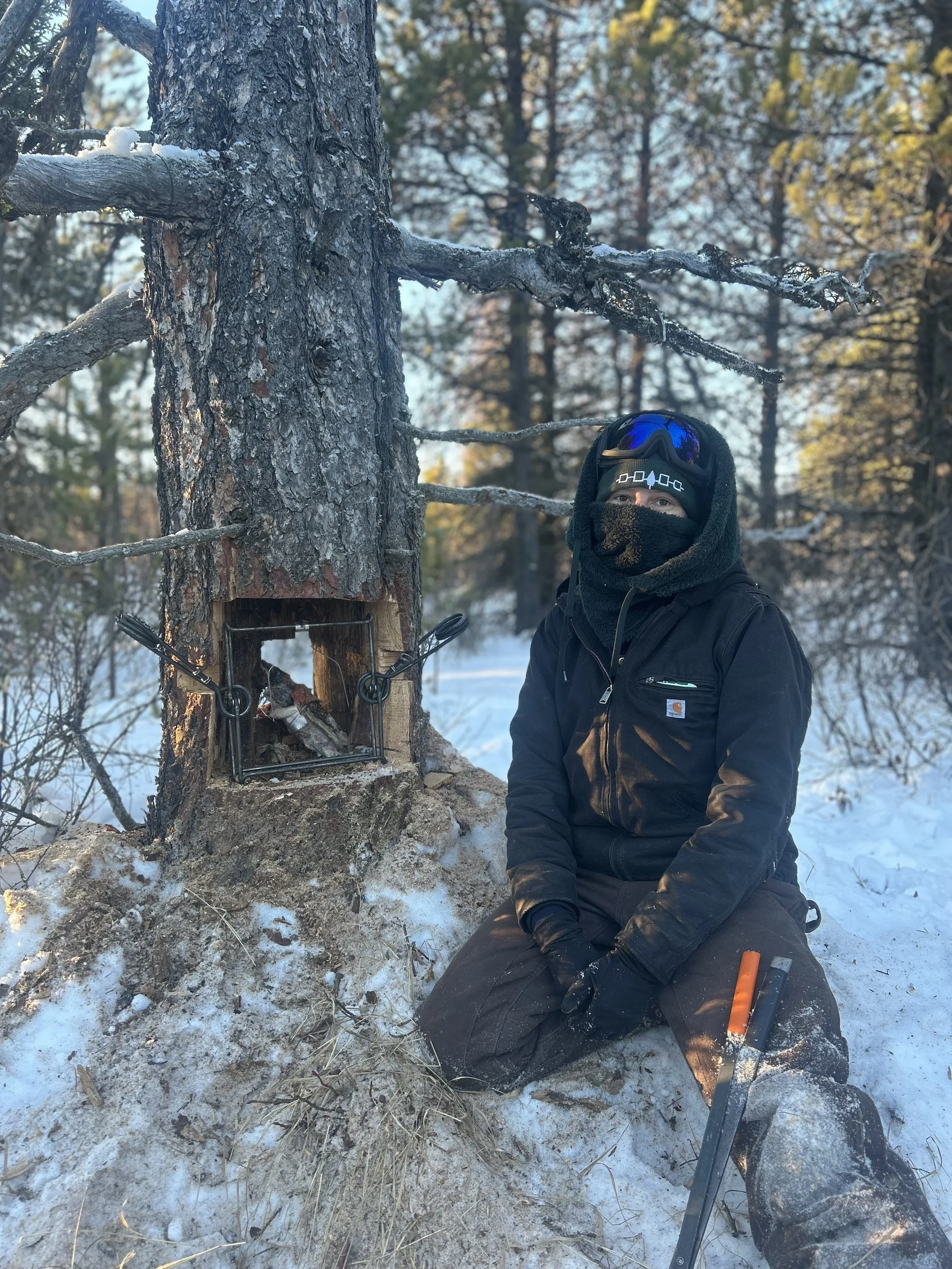 Person wearing winter clothing sitting next to a large tree in a snowy forest. A trap or cage is attached to the tree with visible animal remains inside. Person is holding a tool, possibly a saw or machete, with sunglasses and face covering.