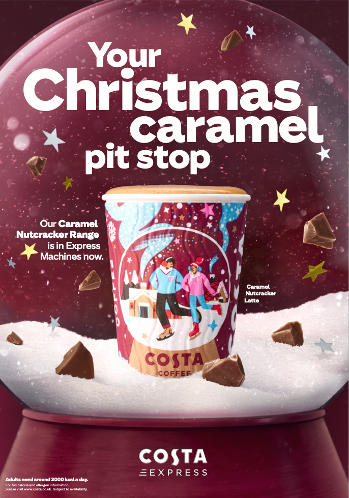 Christmas-themed advertisement for Costa Coffee's Caramel Nutcracker Latte, featuring a festive snow globe with a cup decorated with skating people, surrounded by floating chocolate pieces and stars on a snowy surface.