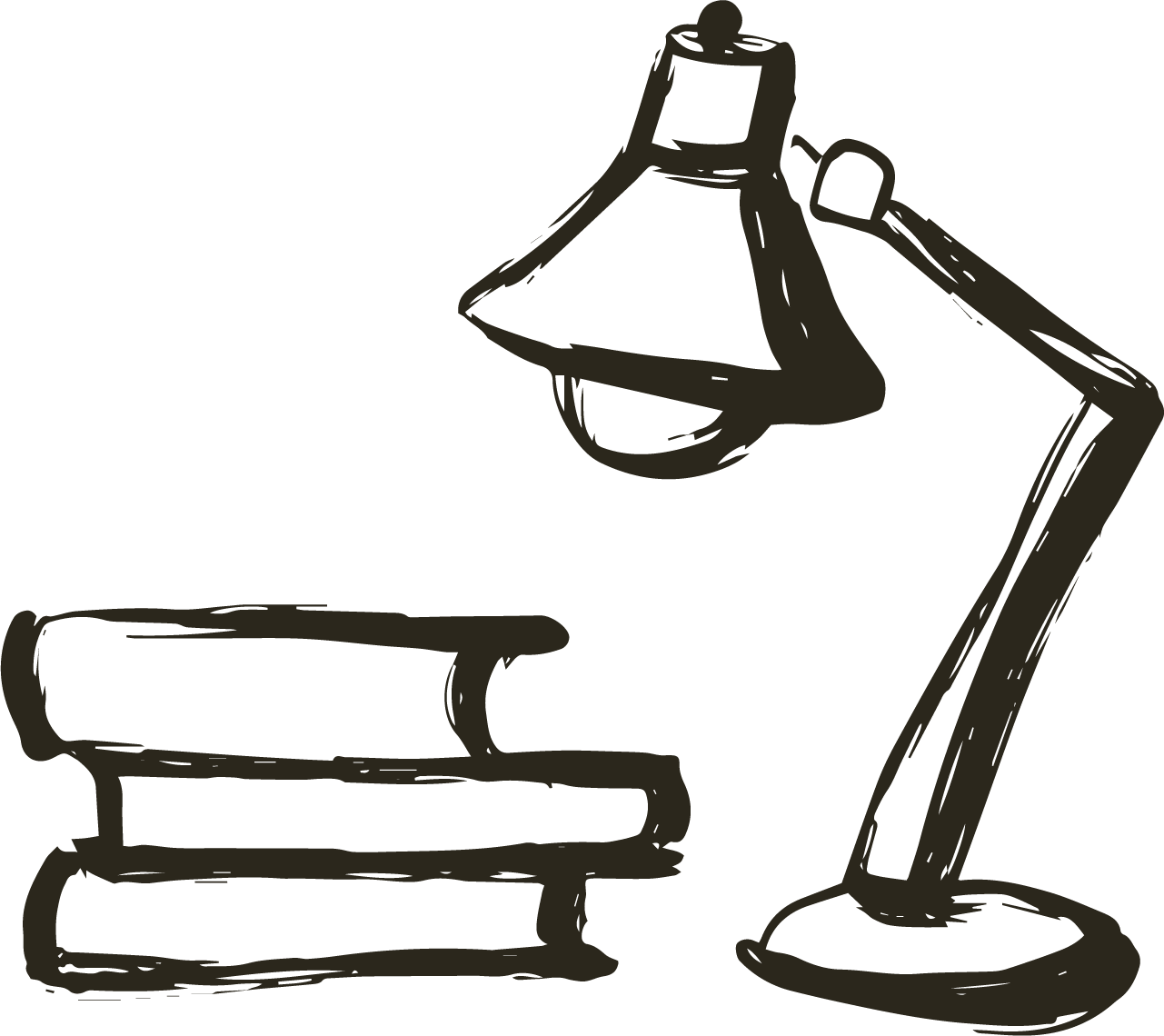 Illustration of a desk lamp and a stack of books.
