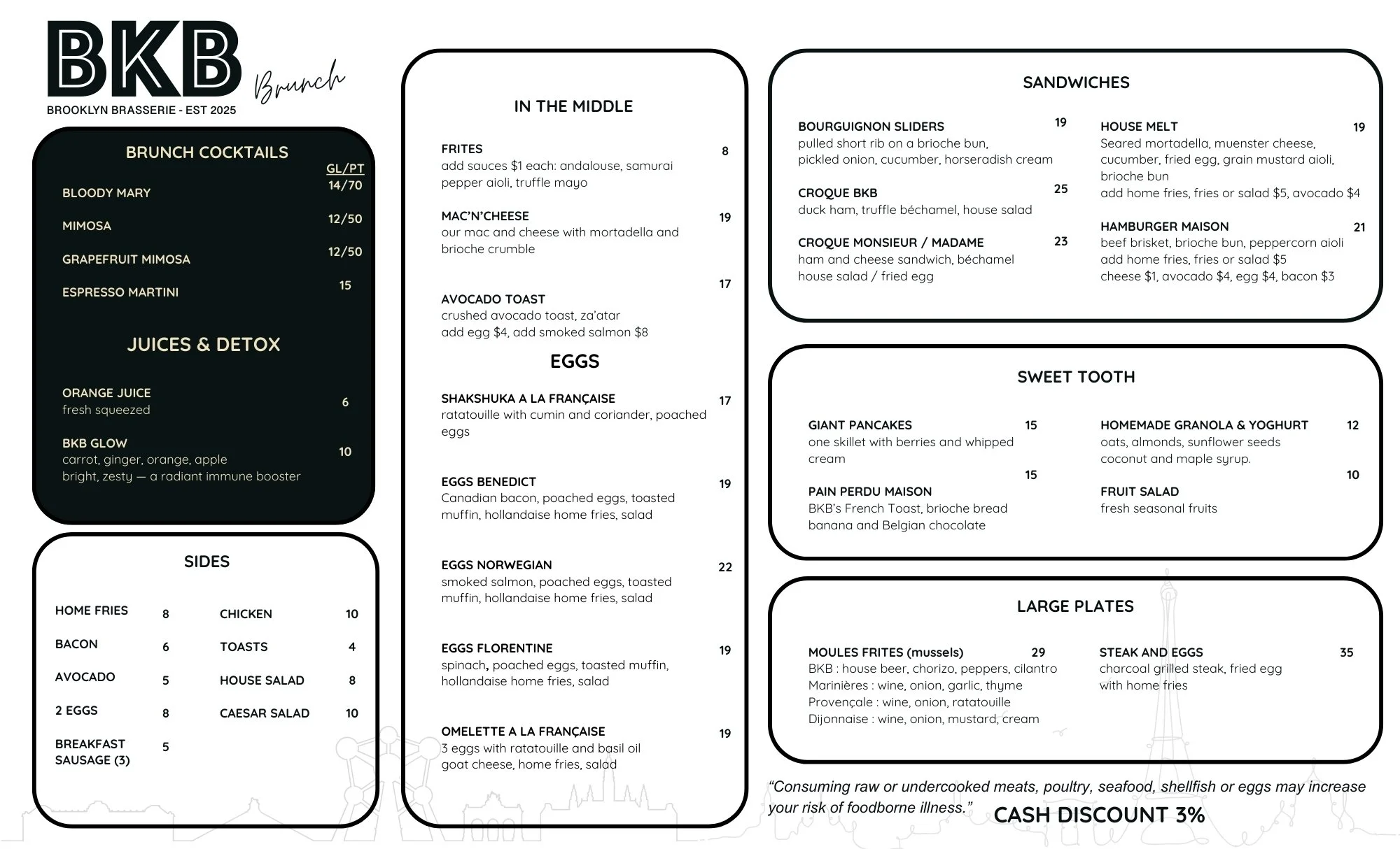 Brunch menu at BKB Brooklyn Brasserie featuring Belgian-inspired dishes and drinks