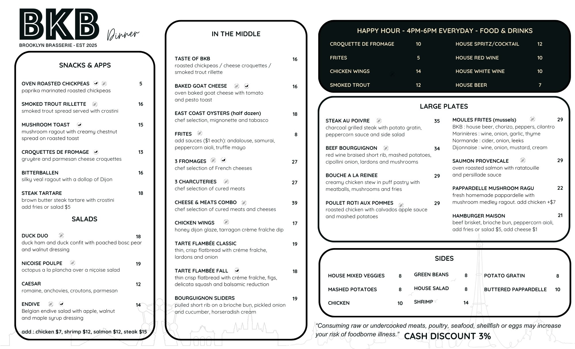 Dinner menu at BKB Brooklyn Brasserie featuring Belgian-inspired entrees, small plates, and drinks