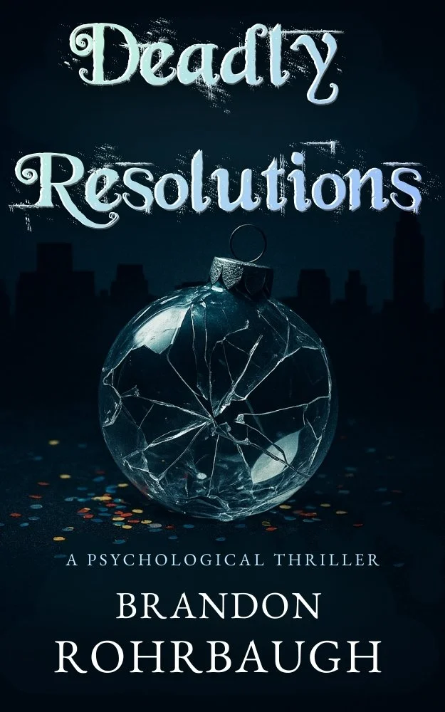 Book cover titled 'Deadly Resolutions' by Brandon Rohrbaugh, featuring a shattered Christmas ornament on a dark background with a city skyline silhouette, and colorful confetti scattered at the bottom.