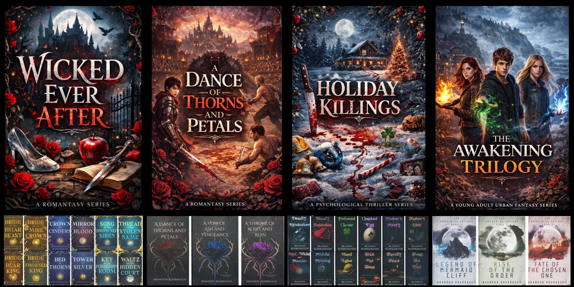 Collection of book covers from different series, featuring fantasy, thriller, and young adult genres with various themes including castles, forests, and supernatural elements.