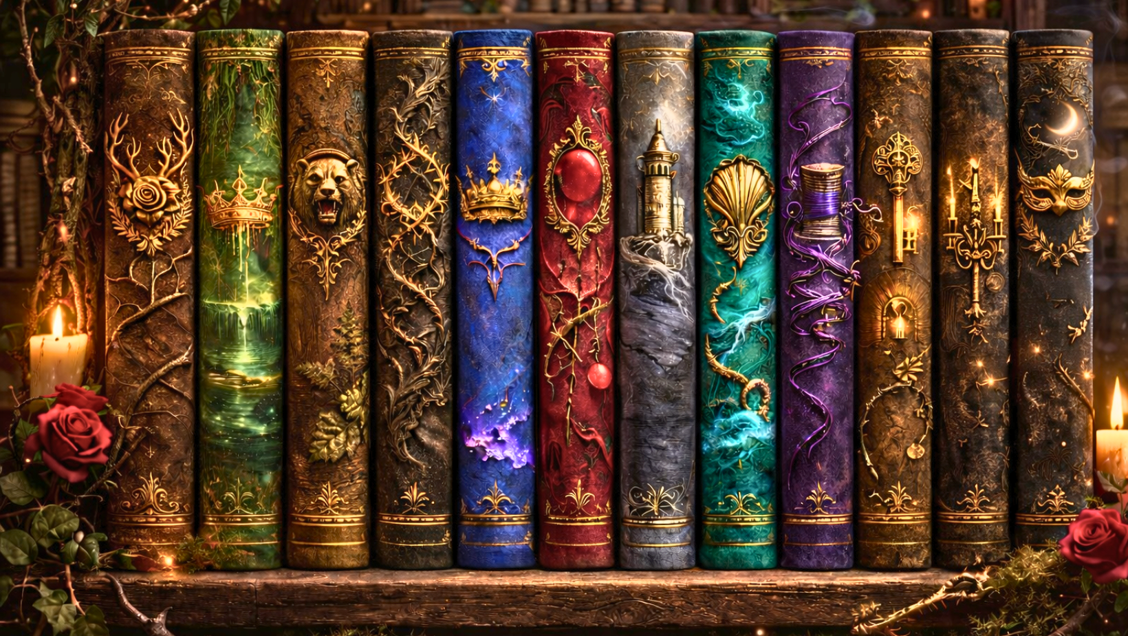 12 books sitting on a shelf