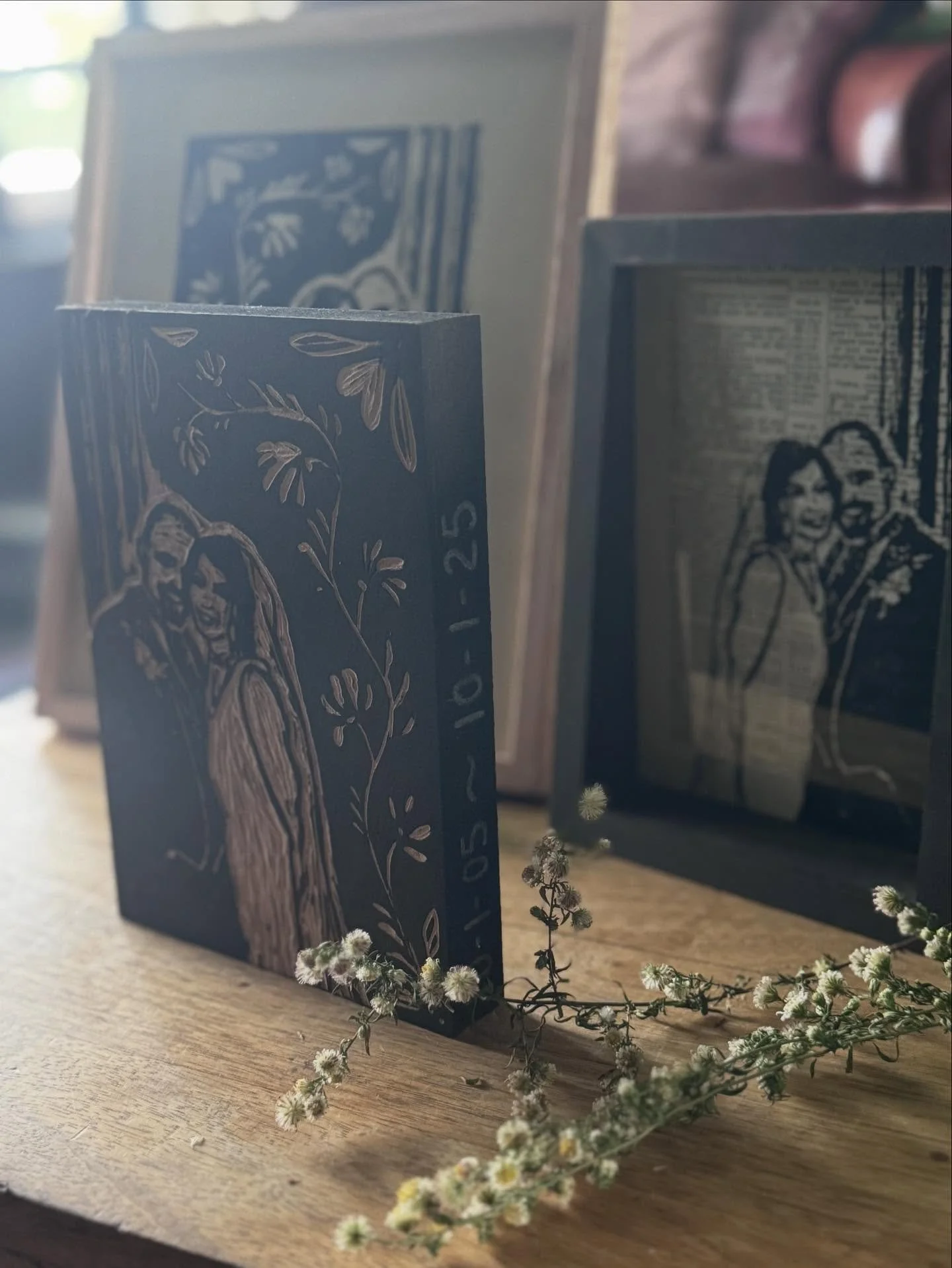This is the secret little project I&rsquo;ve been working on: a printing block from linoleum mounted on wood done two ways. 1) a large framed print on paper from a drawing book I used when I was a child, hence the off white color. 2) a small framed p