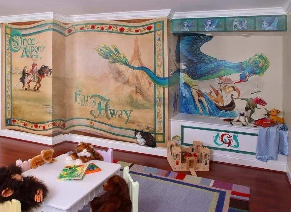 Back when I used to do murals for a living 😍 this one in particular was the most fun collaborate on with @tlc_interiors 
It&rsquo;s hard to see on the side wall but the whimsical creatures are coming from the pages of a book 📖 🐉 🦖 🦢 🧚