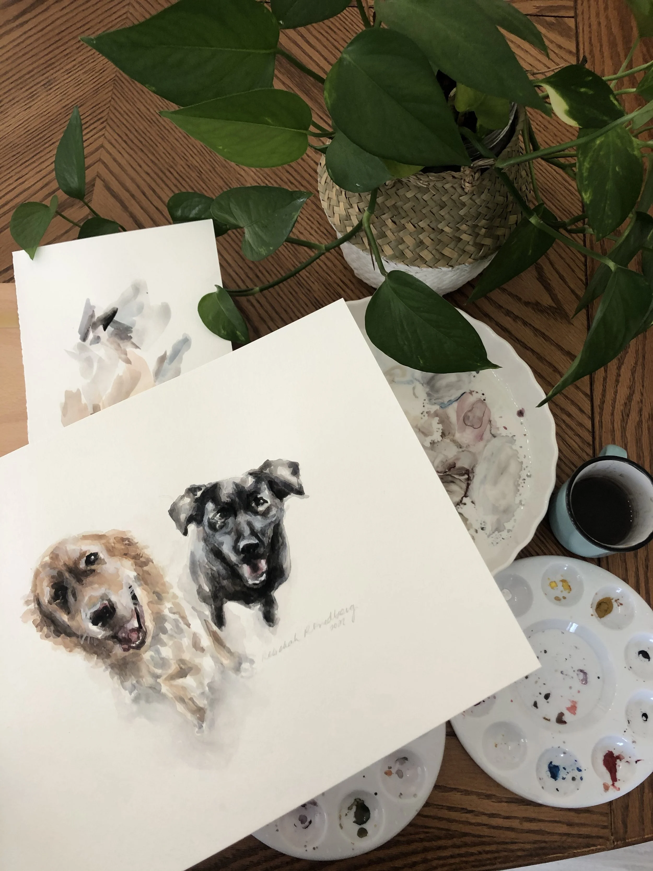 Commissioned gouache painting by Rebekah Victoria of two dog's. The artwork captures the dog’s soft fur, expressive eyes, and gentle personality with detailed brushwork and warm, natural tones.