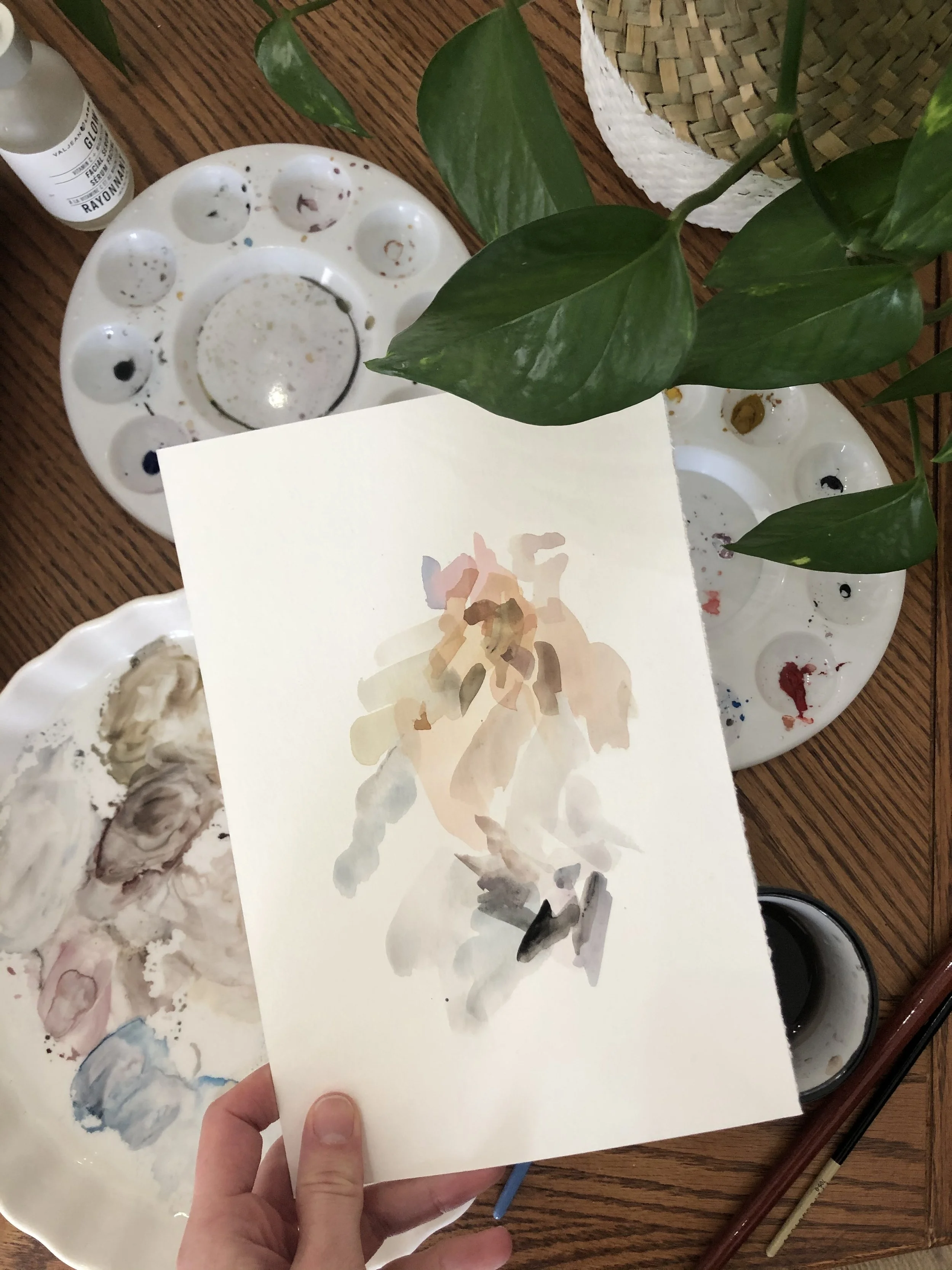 An abstract gouache artwork painted in soothing neutral hues, with flowing shapes and layered textures that create a sense of calm, balance, and natural warmth