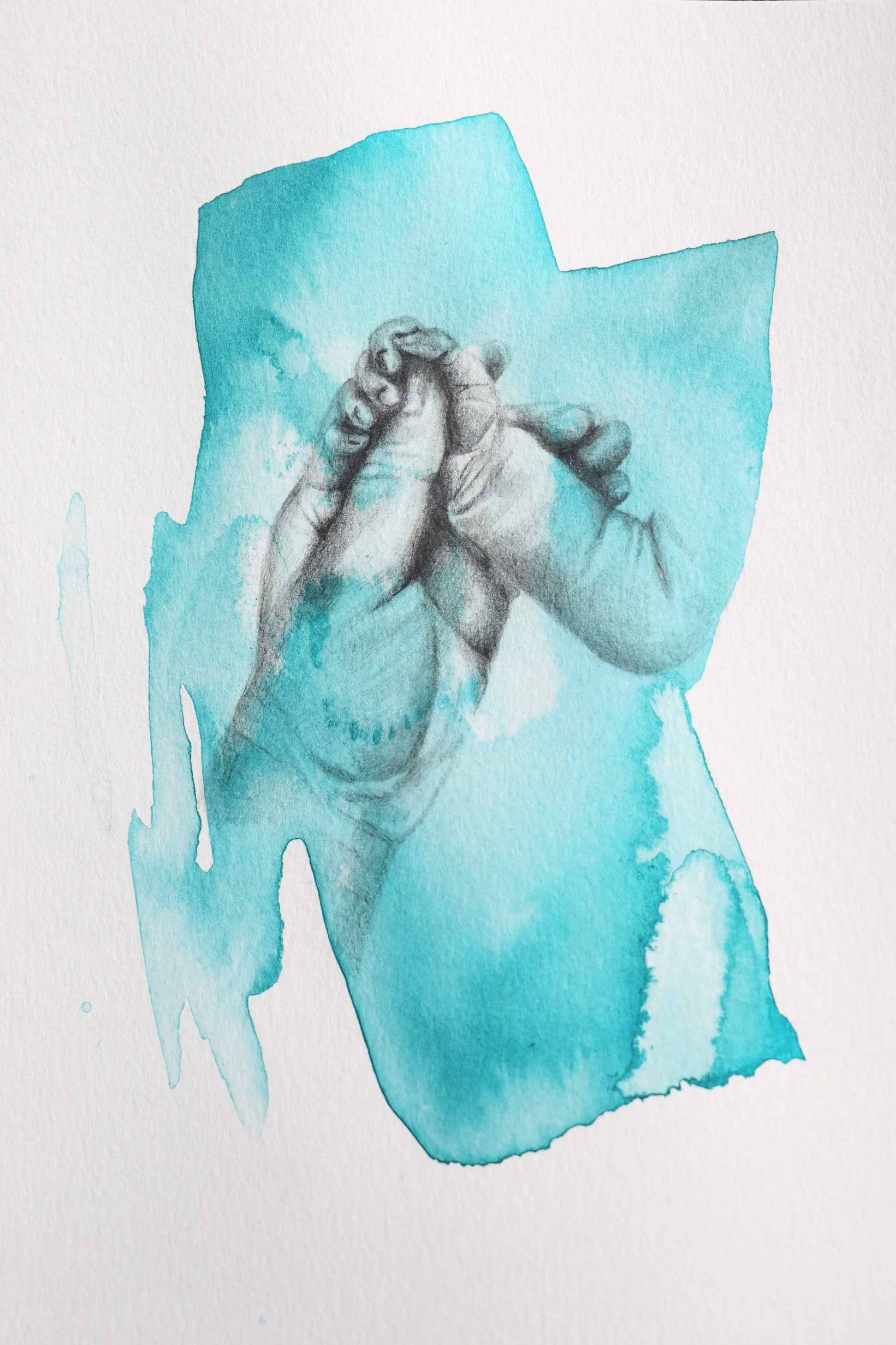 A delicate pencil drawing of a mother and child’s hands intertwined, rendered with soft shading and fine details to capture the tenderness and fleeting nature of the moment.