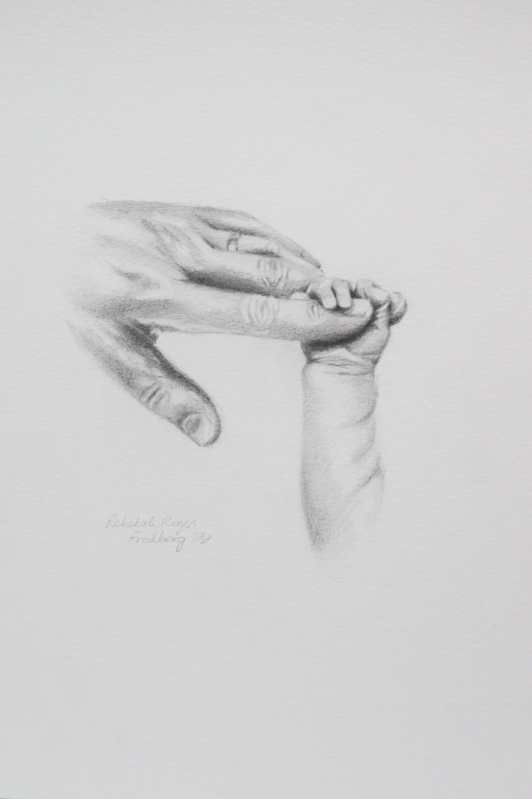 A delicate pencil drawing of a father and child’s hands intertwined, rendered with soft shading and fine details to capture the tenderness and fleeting nature of the moment.