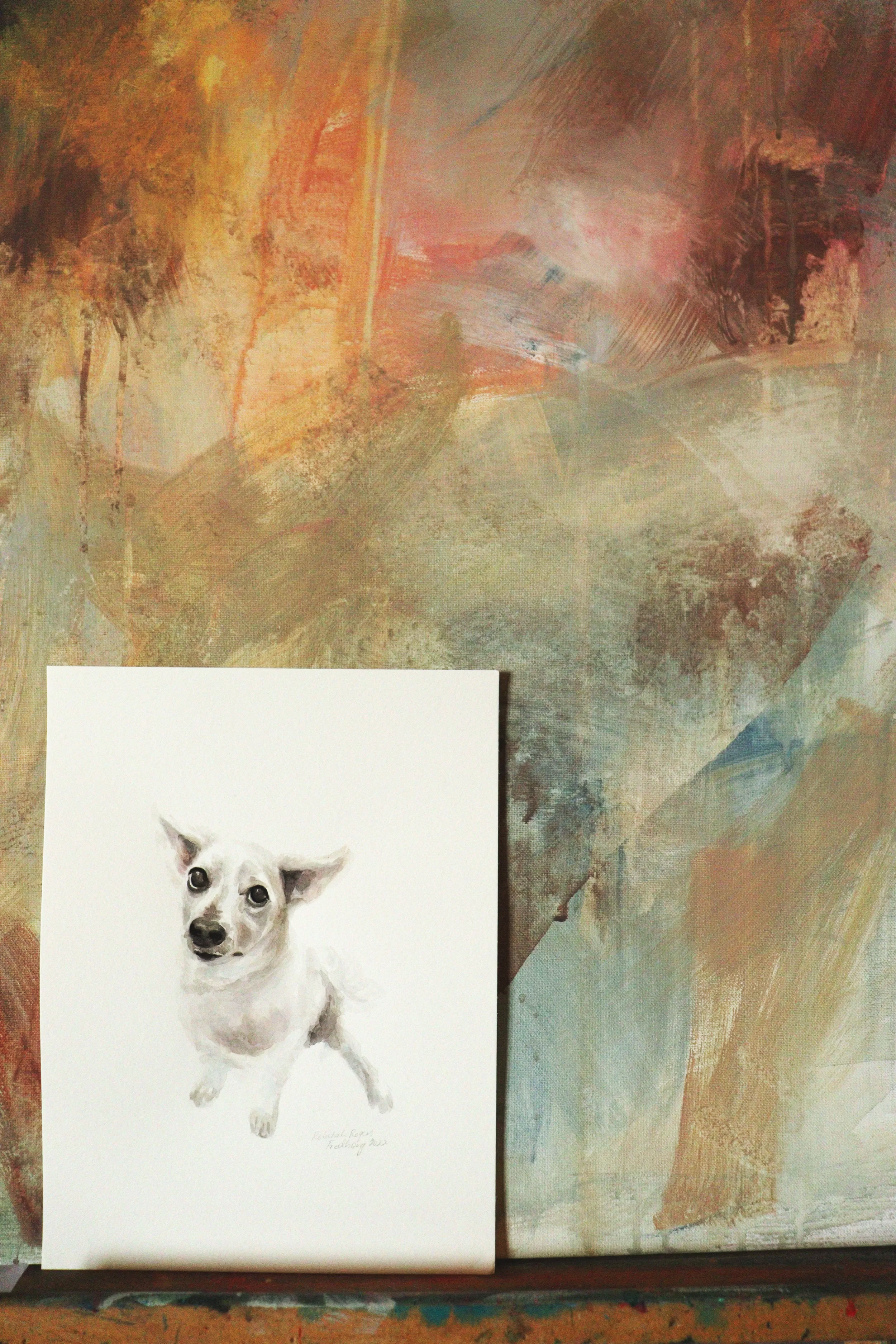 Commissioned gouache painting by Rebekah Victoria of a dog. The artwork captures the dog’s soft fur, expressive eyes, and gentle personality with detailed brushwork and warm, natural tones.