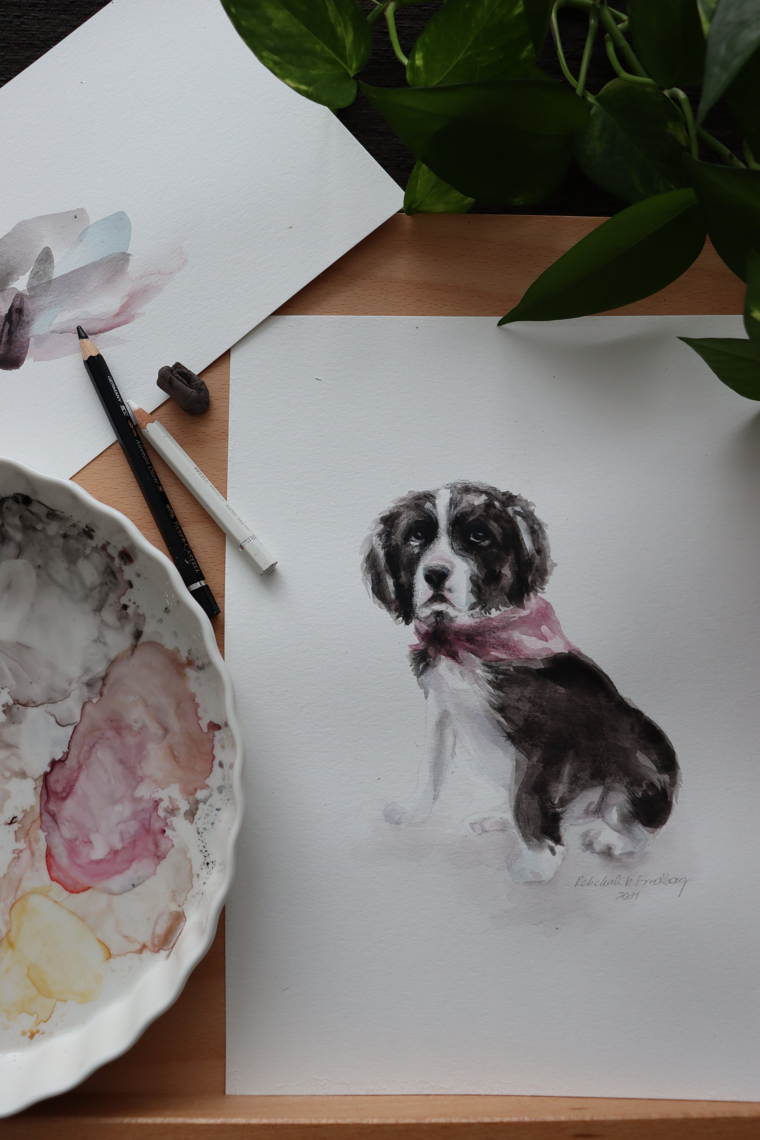 Commissioned gouache painting by Rebekah Victoria of a dog. The artwork captures the dog’s soft fur, expressive eyes, and gentle personality with detailed brushwork and warm, natural tones.