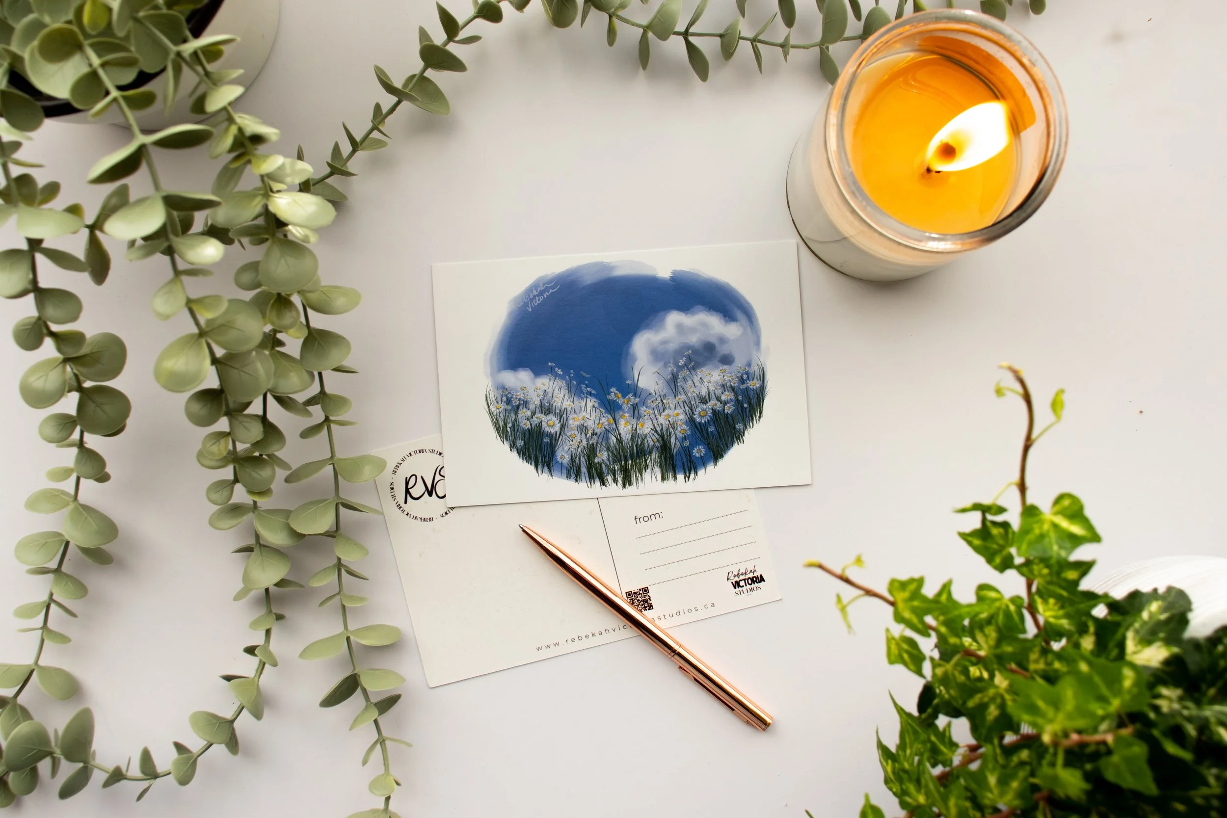 “White Blooms Beneath the Clouds” 4 x 6 High-quality art postcard. Frameable. Matte finish.
