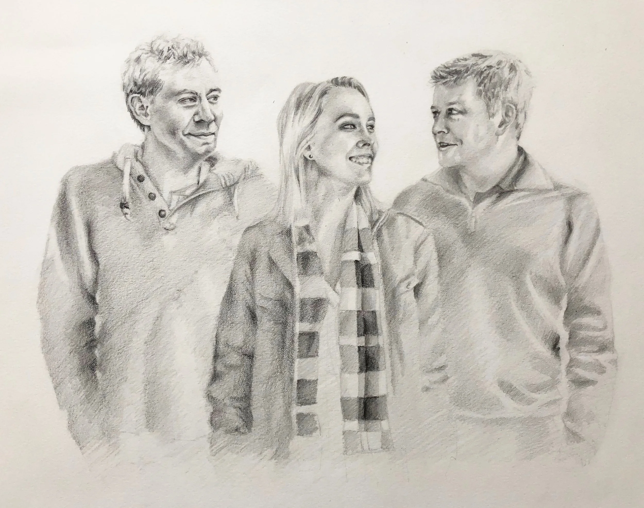 Commissioned drawing by Rebekah Victoria featuring three cousins. The hand-drawn artwork captures their individual likenesses and expressions with detailed line work, creating a meaningful and personal keepsake of family connection.